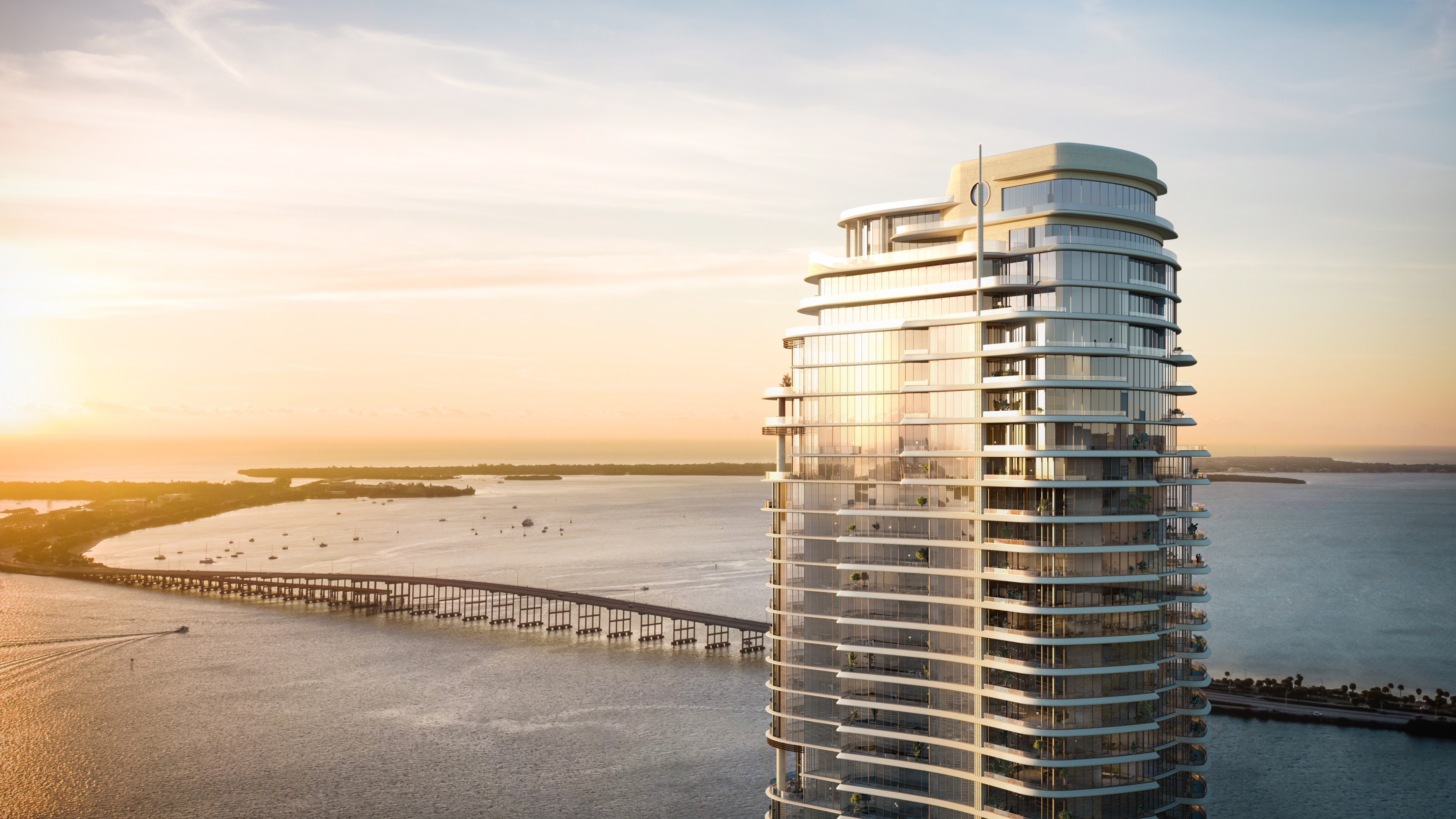 St. Regis Brickell, Brickell Miami waterfront condominium at sunset, panoramic bay views for luxury and ultra luxury condos; preconstruction. Featuring modern.