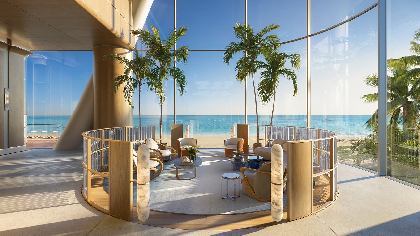 St. Regis Sunny Isles, Sunny Isles Beach beachfront lounge interior with sculptural architecture, amenity for luxury and ultra luxury condos; preconstruction.