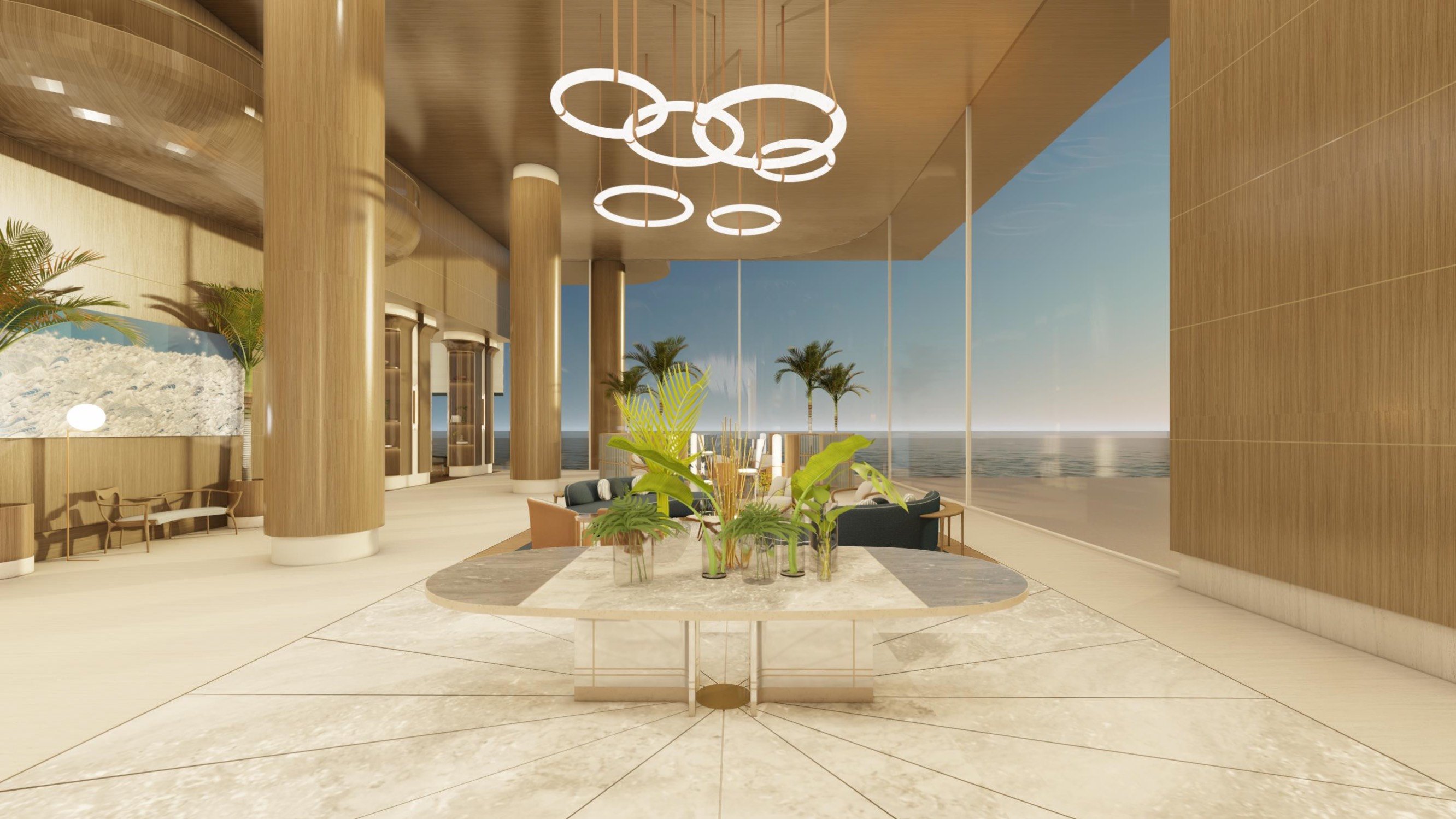 St. Regis Sunny Isles, Sunny Isles Beach lobby with sweeping ocean view, grand arrival for luxury and ultra luxury condos; preconstruction. Featuring luxurious.