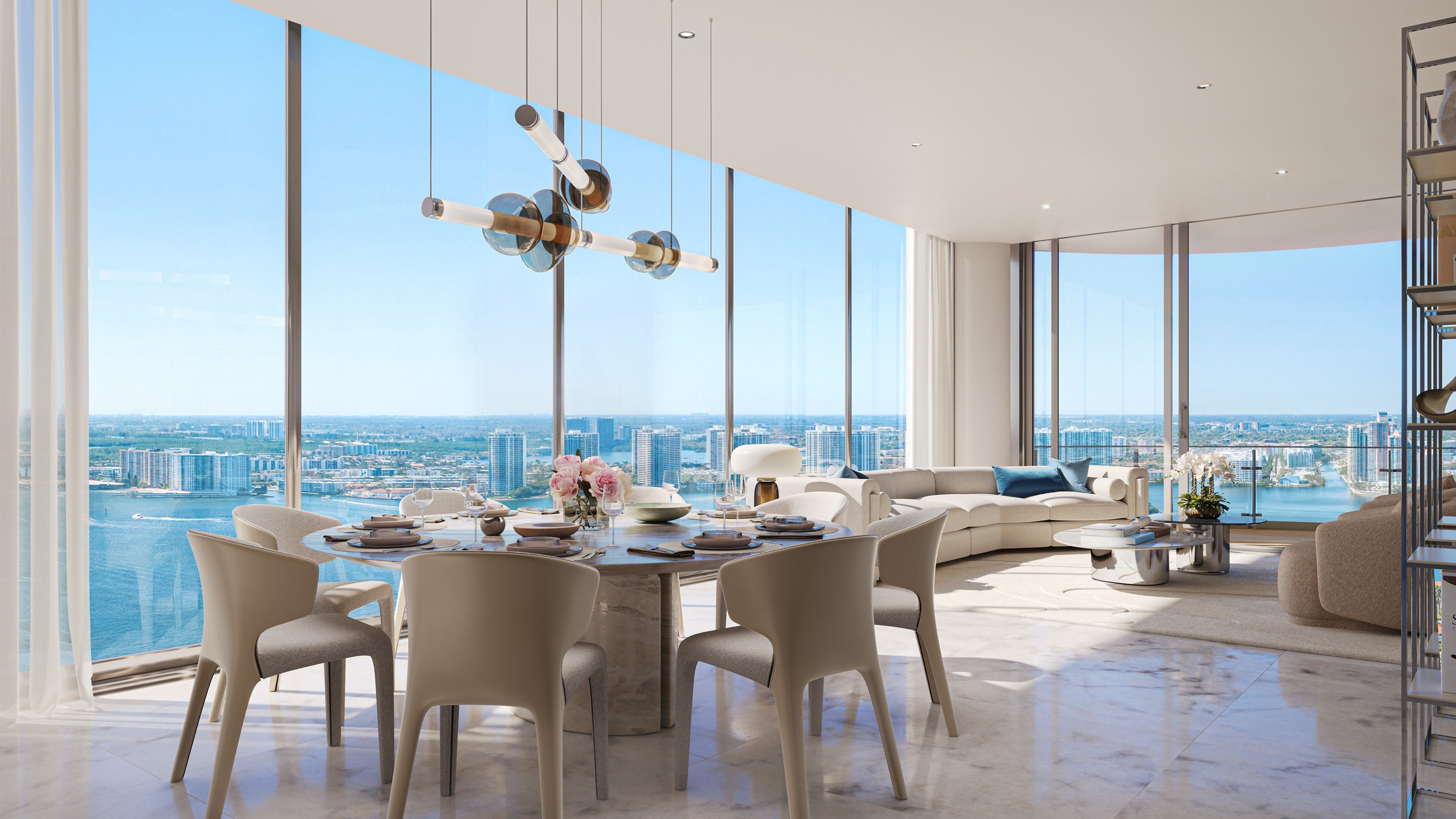 St. Regis Sunny Isles, Sunny Isles Beach apartment interior with wide views, open‑plan living in luxury and ultra luxury condos; preconstruction. Featuring view.