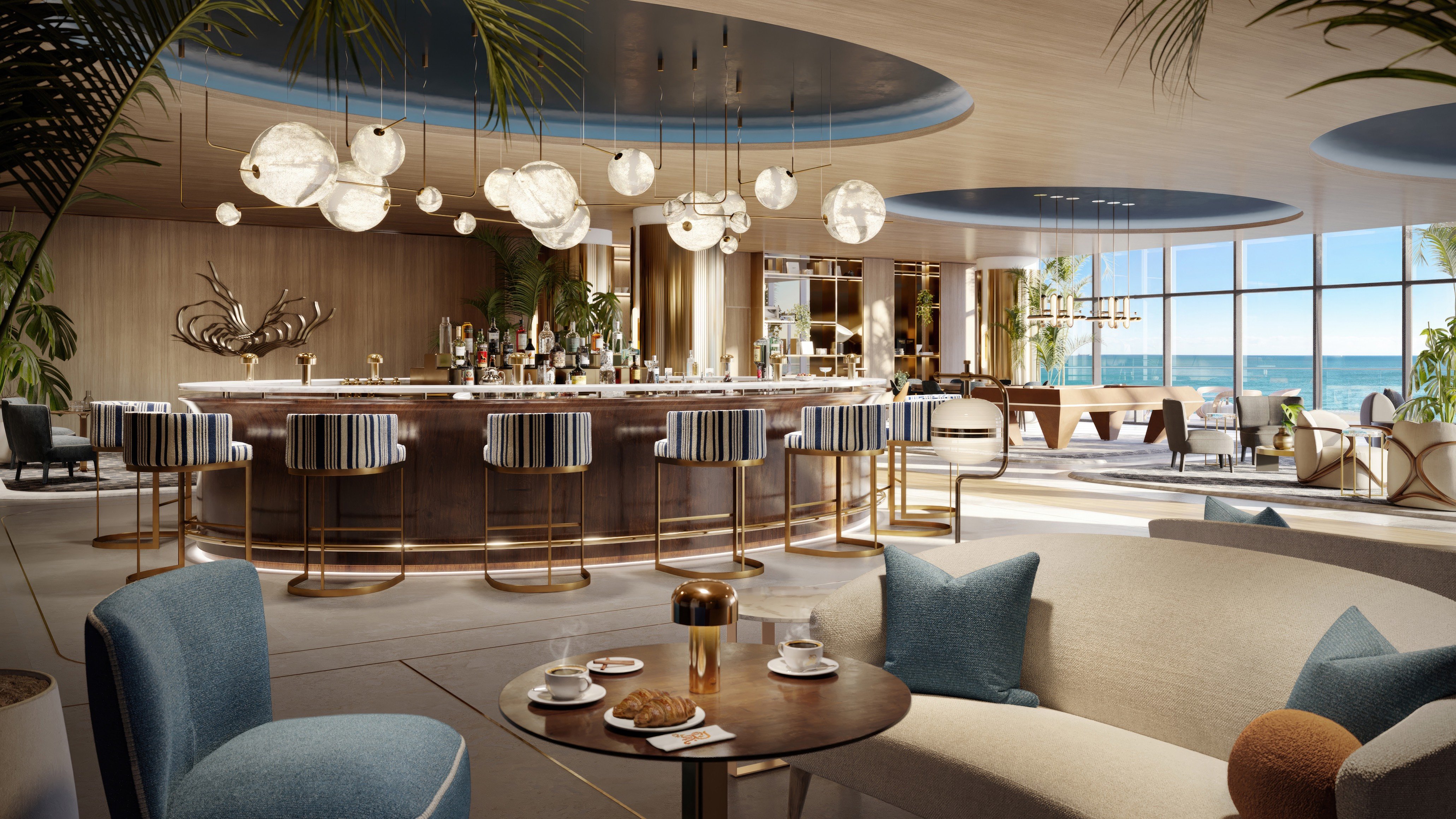 St. Regis Sunny Isles, Sunny Isles Beach bar lounge with ocean view, signature social space for luxury and ultra luxury condos; preconstruction. Featuring interior.