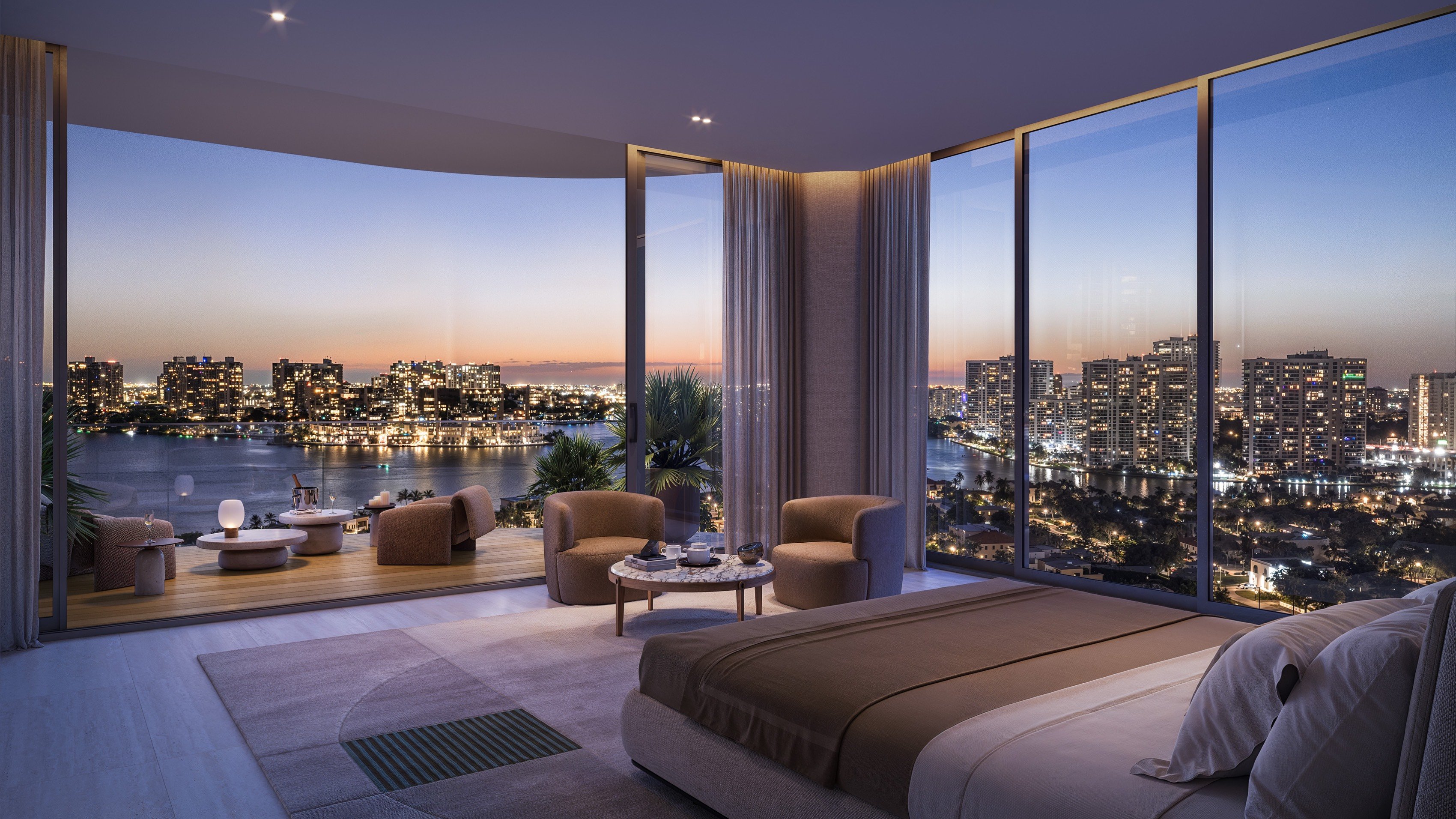 St. Regis Sunny Isles, Sunny Isles Beach bedroom with city view at sunset, elegant retreat in luxury and ultra luxury condos; preconstruction.