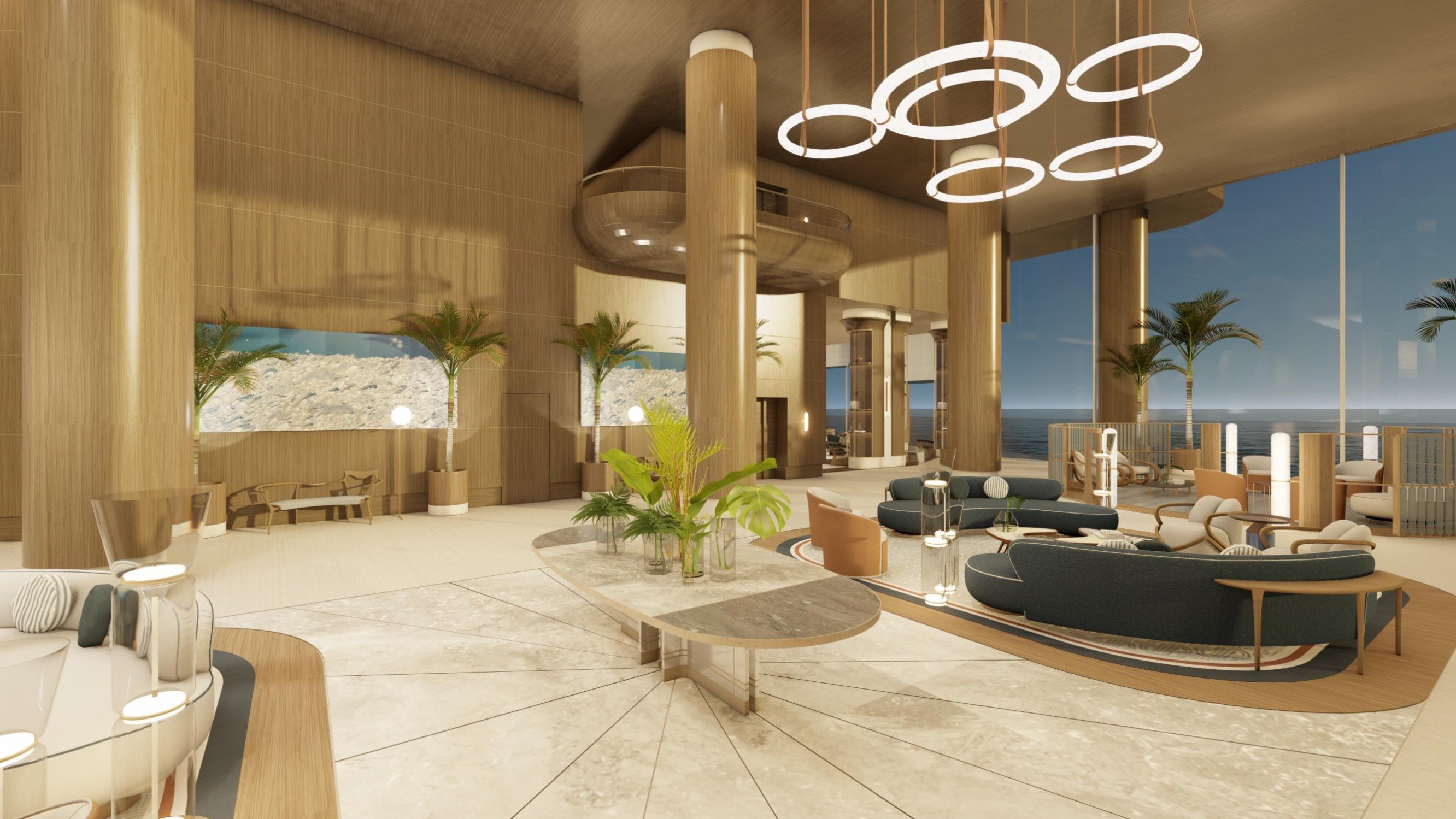St. Regis Sunny Isles, Sunny Isles Beach hotel‑style lobby with dramatic architecture, grand arrival for luxury and ultra luxury condos; preconstruction. Featuring interior.