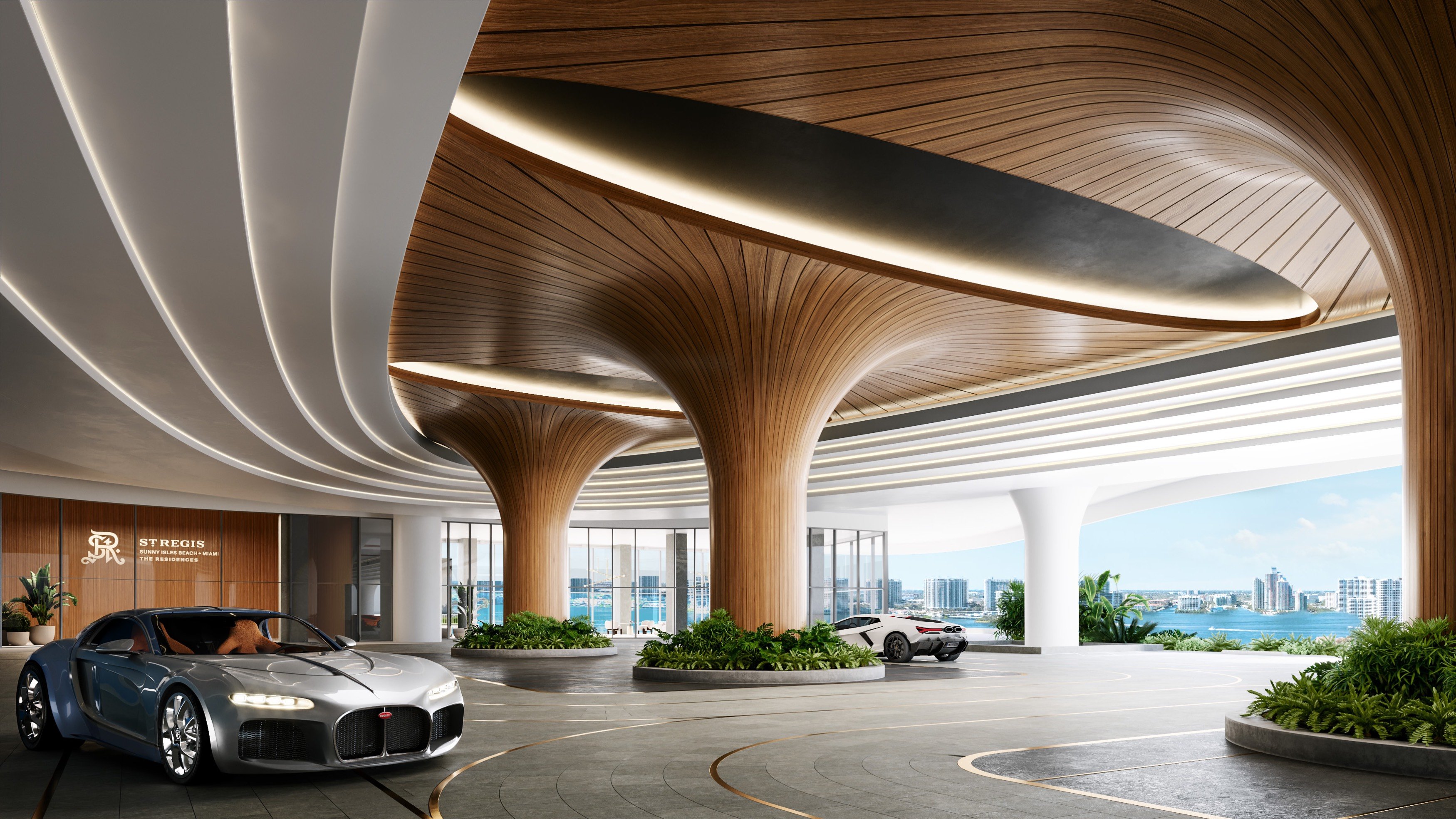 St. Regis Sunny Isles, Sunny Isles Beach lobby with sports cars, glamorous scene at an address of luxury and ultra luxury condos; preconstruction. Featuring hotel, stregis, and Miami.