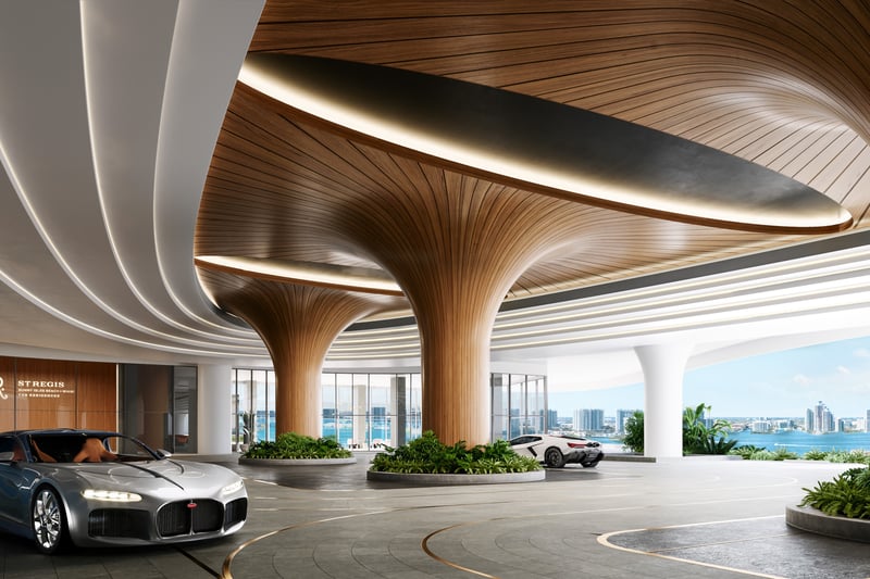 St. Regis Sunny Isles, Sunny Isles Beach lobby with sports cars, glamorous scene at an address of luxury and ultra luxury condos; preconstruction. Featuring hotel, stregis, and Miami.