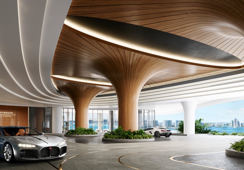 St. Regis Sunny Isles, Sunny Isles Beach lobby with sports cars, glamorous scene at an address of luxury and ultra luxury condos; preconstruction. Featuring hotel, stregis, and Miami.