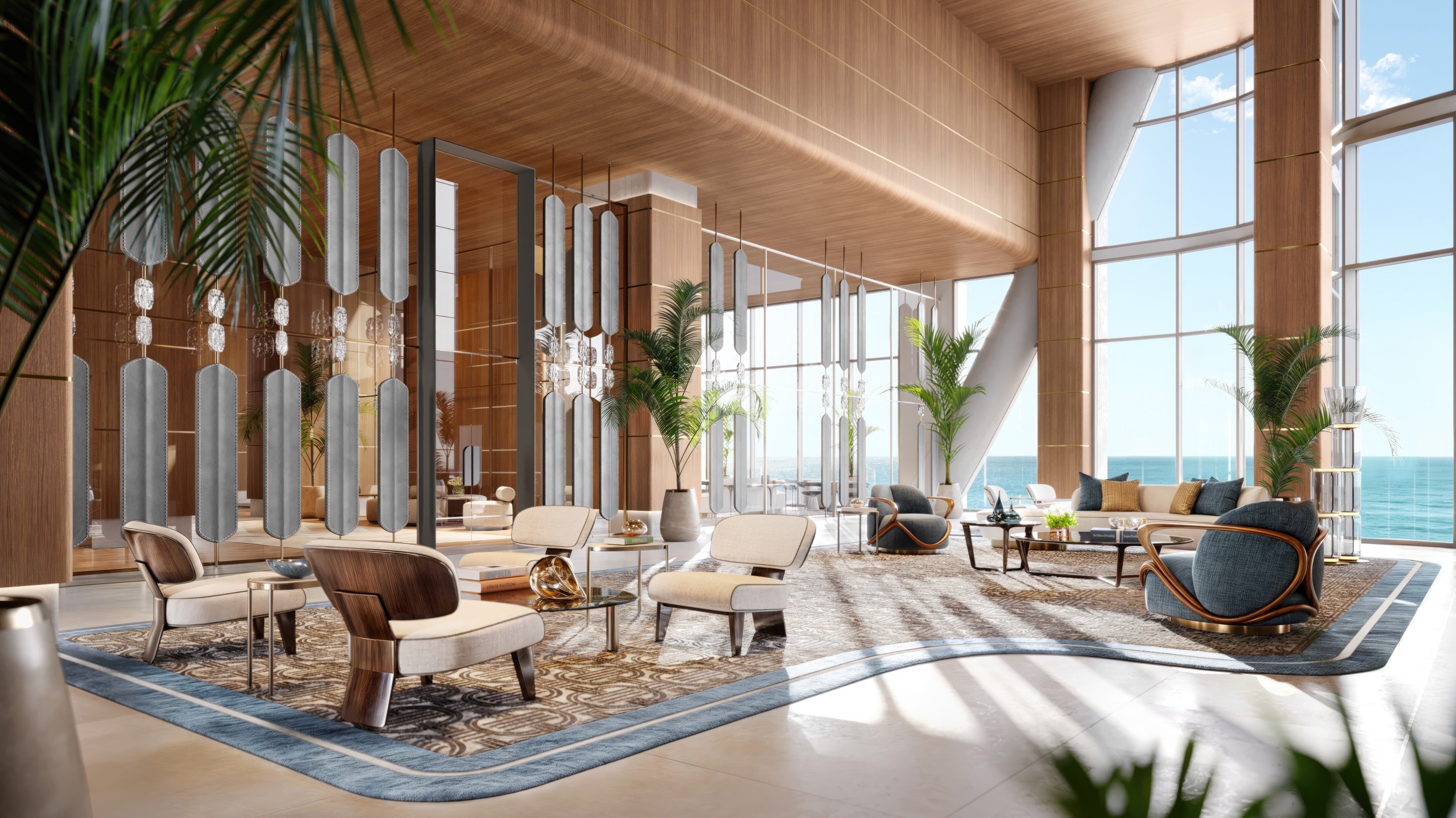 St. Regis Sunny Isles, Sunny Isles Beach living room with panoramic ocean view, serene coastal design in luxury and ultra luxury condos; preconstruction.