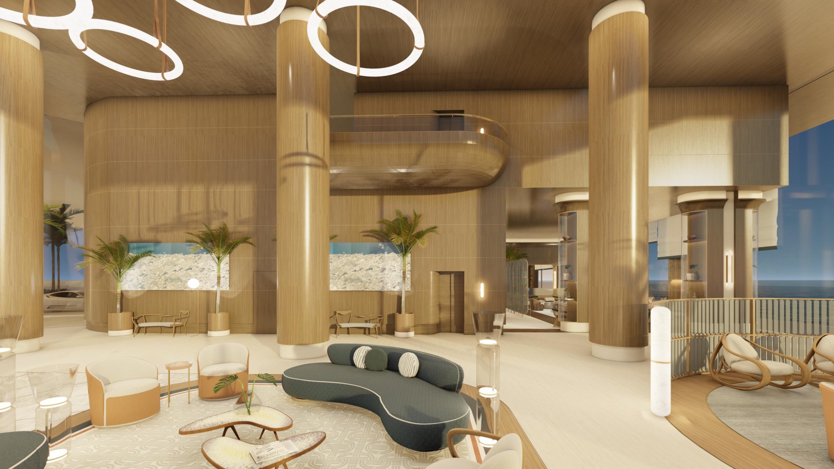 St. Regis Sunny Isles, Sunny Isles Beach grand lobby interior, sculptural lines and natural light, signature arrival for luxury and ultra luxury condos; preconstruction. Featuring design.