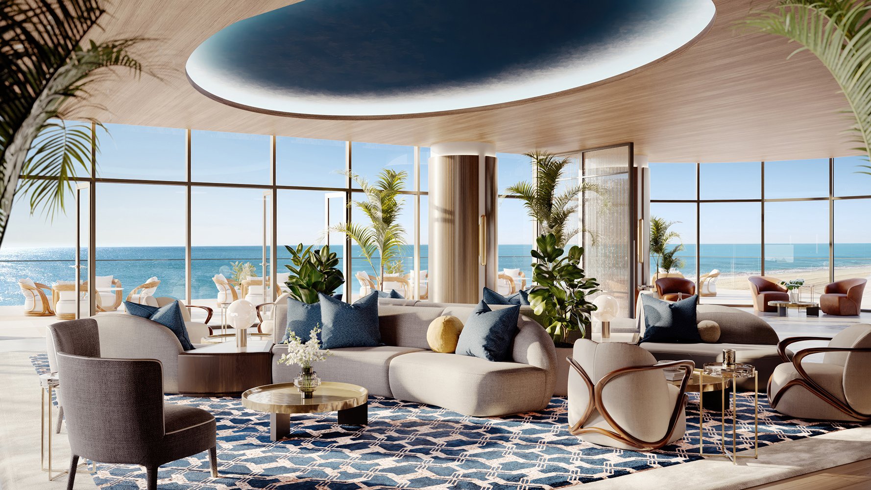 St. Regis Sunny Isles, Sunny Isles Beach ocean‑view lounge with floor‑to‑ceiling glass, refined setting for luxury and ultra luxury condos; preconstruction.