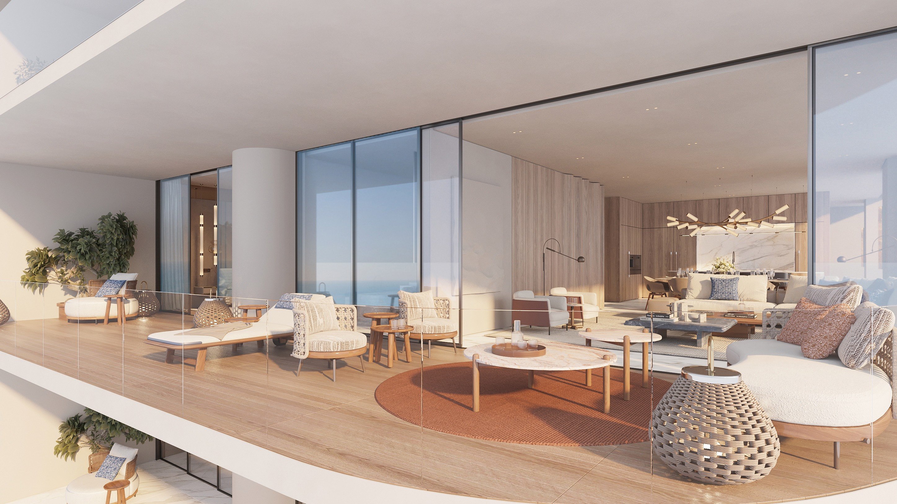 St. Regis Sunny Isles, Sunny Isles Beach modern balcony interior with ocean view, elevated lifestyle in luxury and ultra luxury condos; preconstruction. Featuring design.
