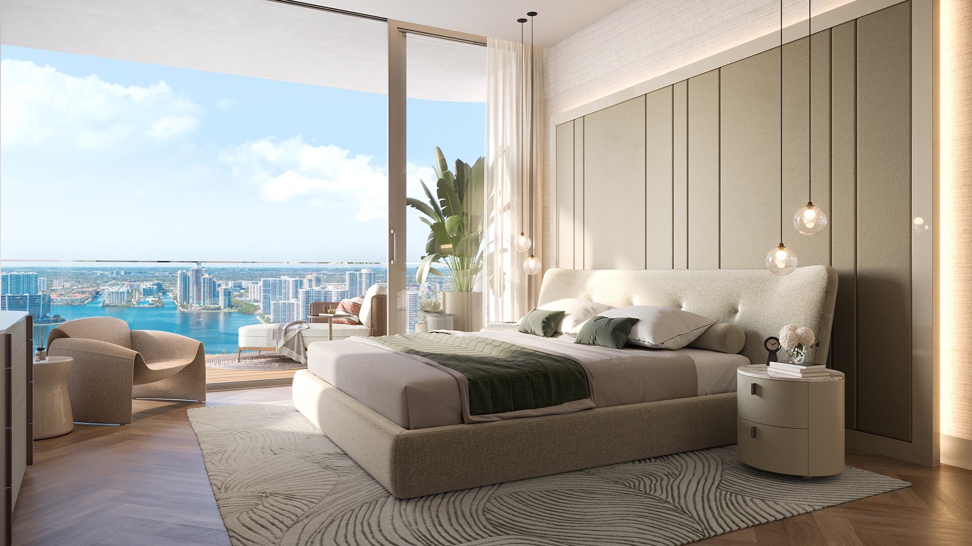 St. Regis Sunny Isles, Sunny Isles Beach bedroom with panoramic ocean view, coastal living in luxury and ultra luxury condos; preconstruction. Featuring modern.