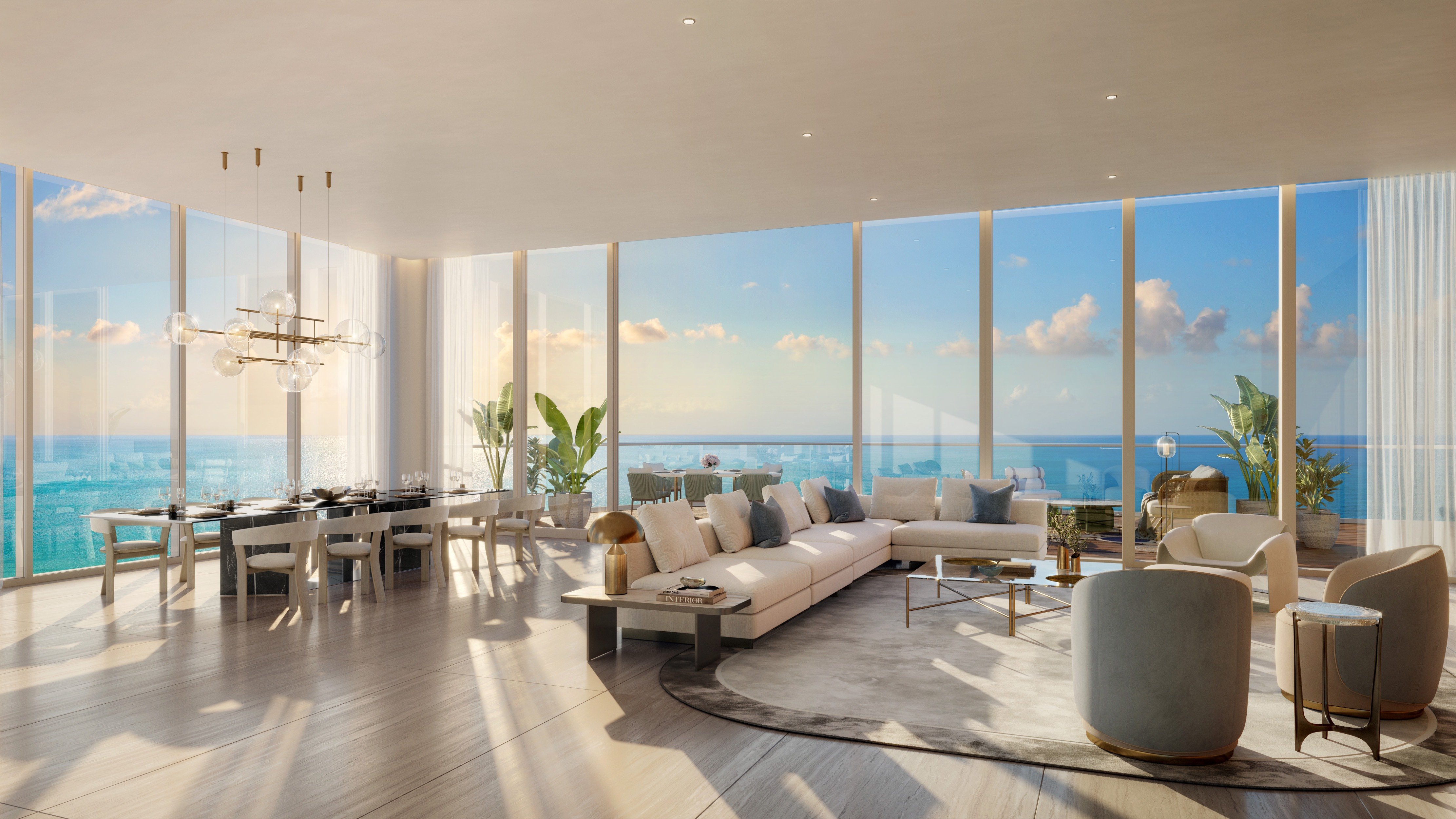 St. Regis Sunny Isles, Sunny Isles Beach modern coastal living room, designer textures and wide views in luxury and ultra luxury condos; preconstruction. Featuring interior.