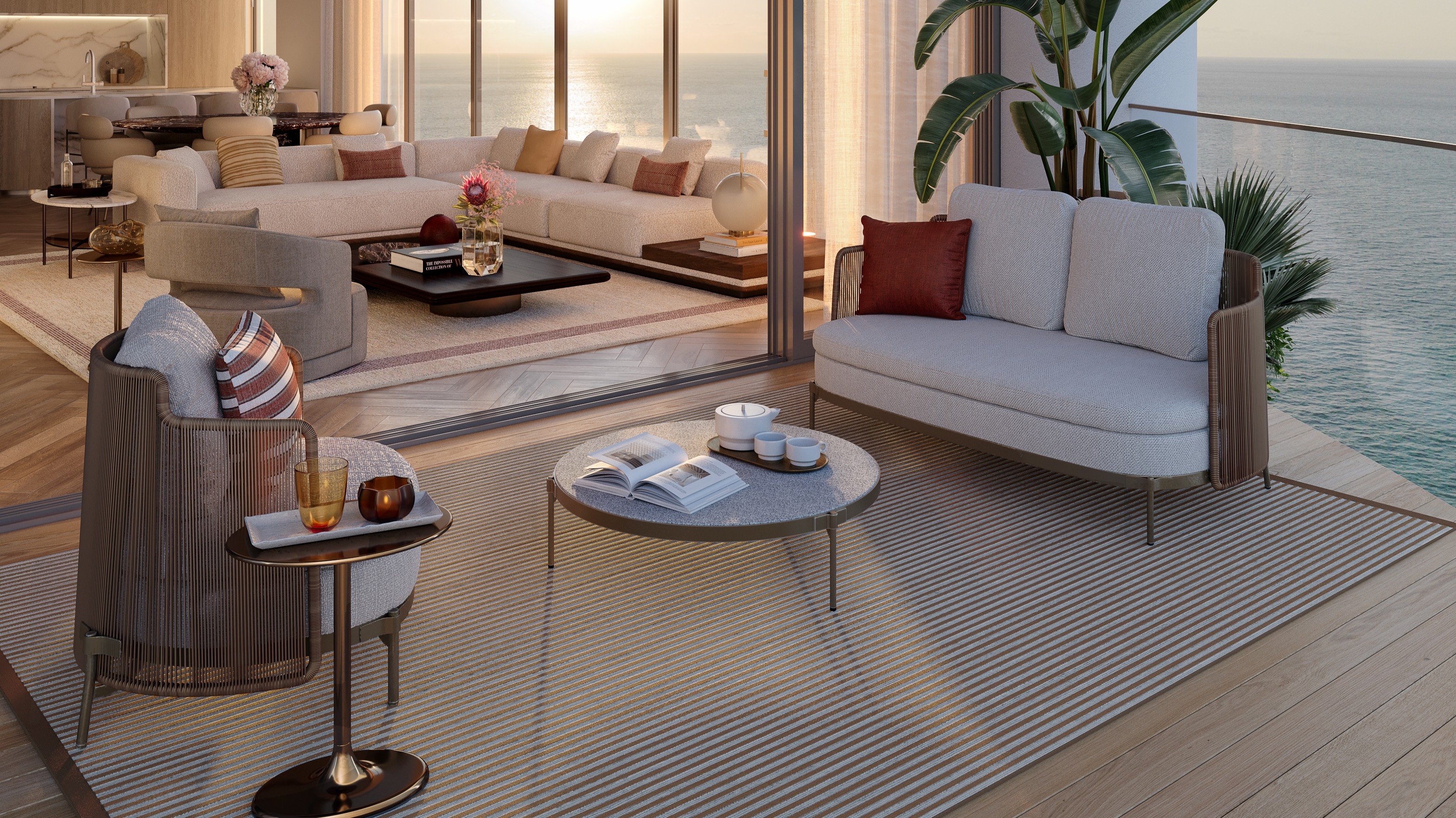 St. Regis Sunny Isles, Sunny Isles Beach living room with seaside view, sunlit coastal setting in luxury and ultra luxury condos; preconstruction. Featuring modern.