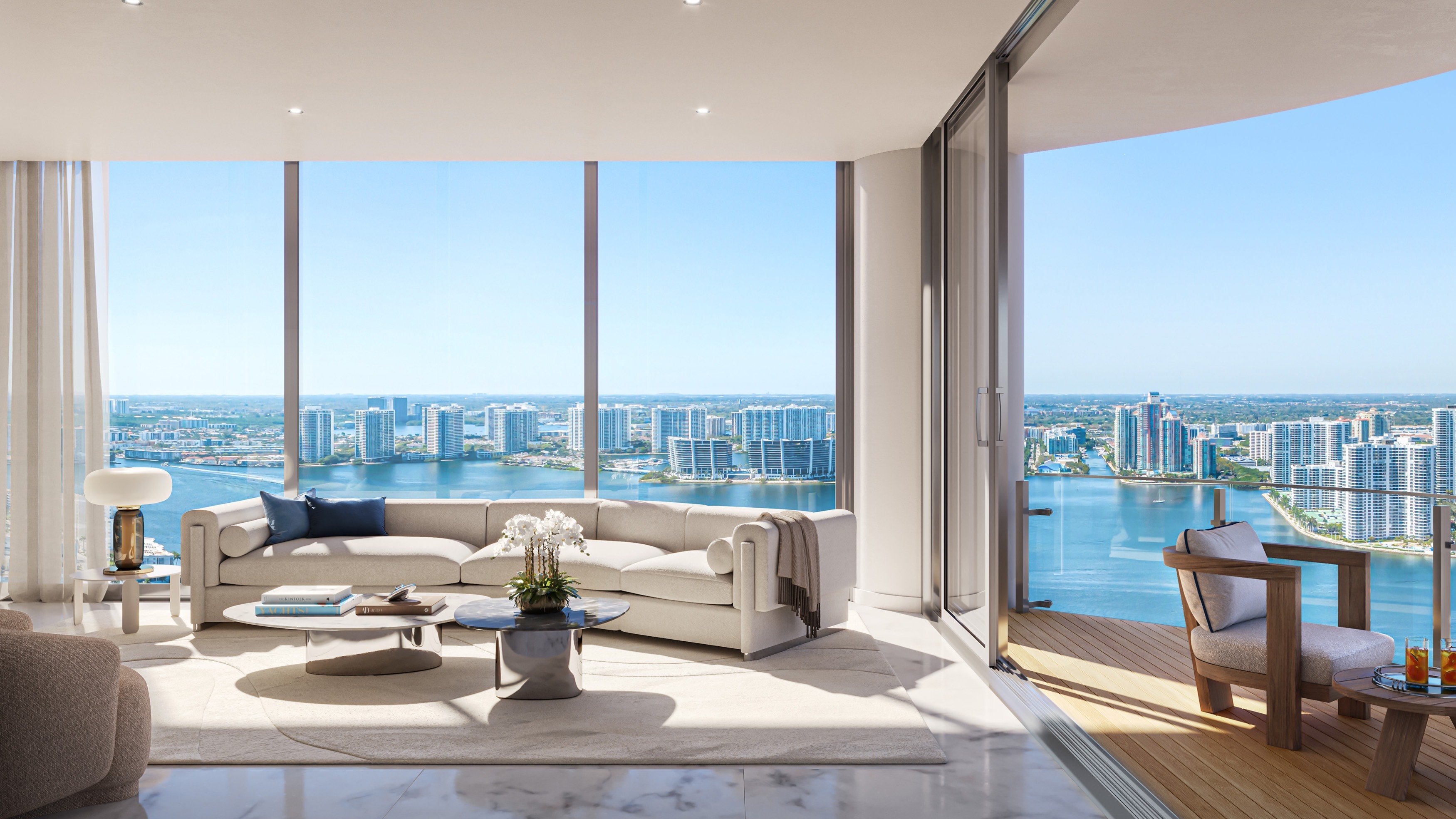 St. Regis Sunny Isles, Sunny Isles Beach modern living room with waterfront view, elevated interiors in luxury and ultra luxury condos; preconstruction.