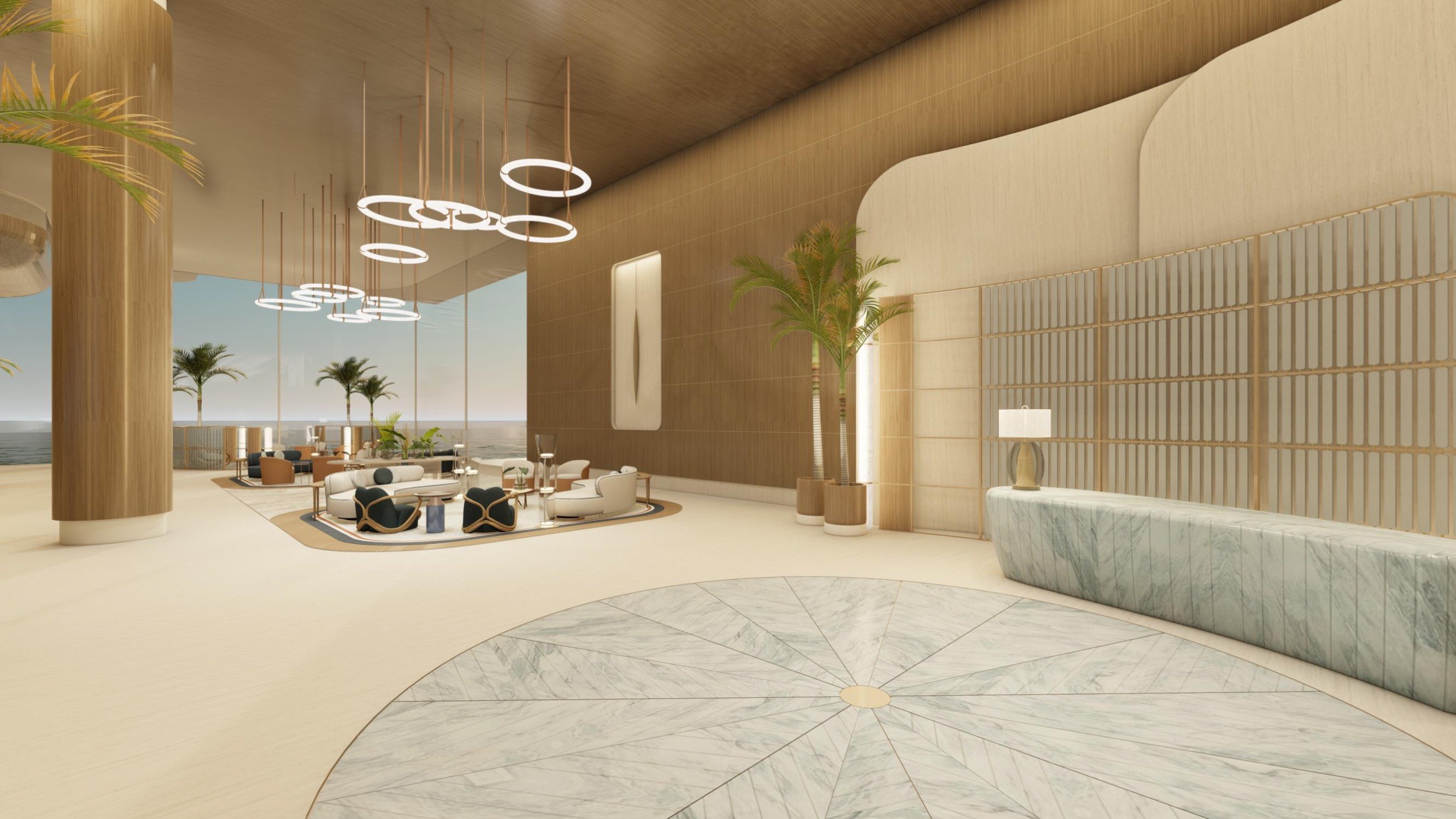 St. Regis Sunny Isles, Sunny Isles Beach modern lobby interior with sculptural lines, grand arrival for luxury and ultra luxury condos; preconstruction. Featuring design.