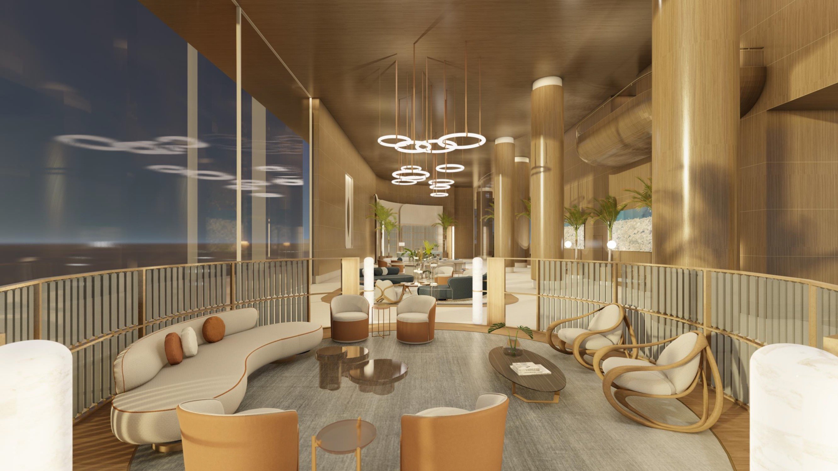 St. Regis Sunny Isles, Sunny Isles Beach luxury lobby with artful lighting and marble, refined entry for luxury and ultra luxury condos; preconstruction. Featuring modern interior.