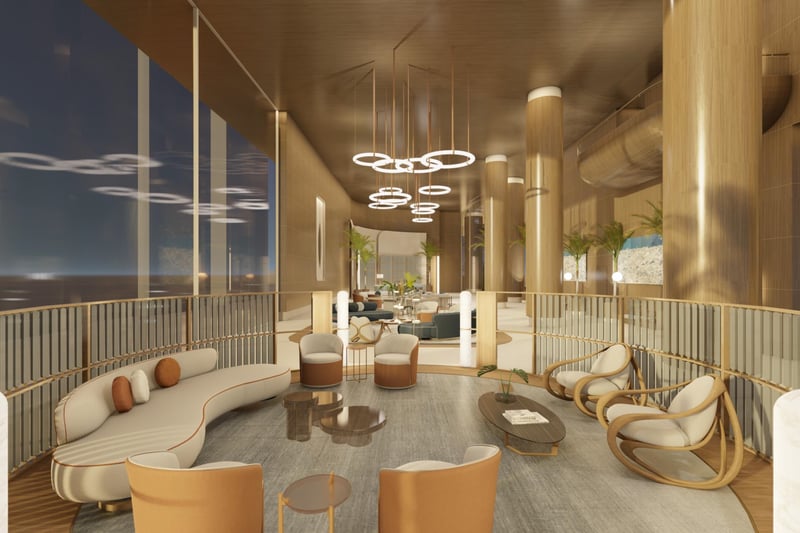 St. Regis Sunny Isles, Sunny Isles Beach luxury lobby with artful lighting and marble, refined entry for luxury and ultra luxury condos; preconstruction. Featuring modern interior.