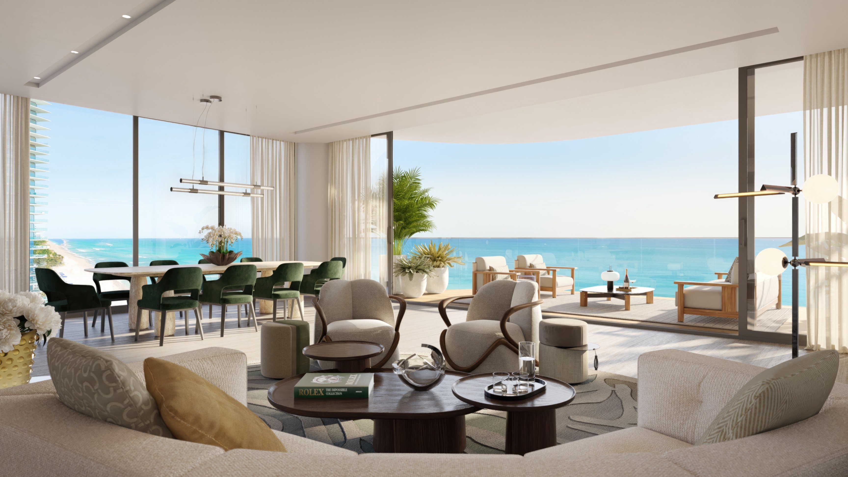 St. Regis Sunny Isles, Sunny Isles Beach oceanfront living room opening to terrace—indoor‑outdoor lifestyle in luxury and ultra luxury condos; preconstruction.