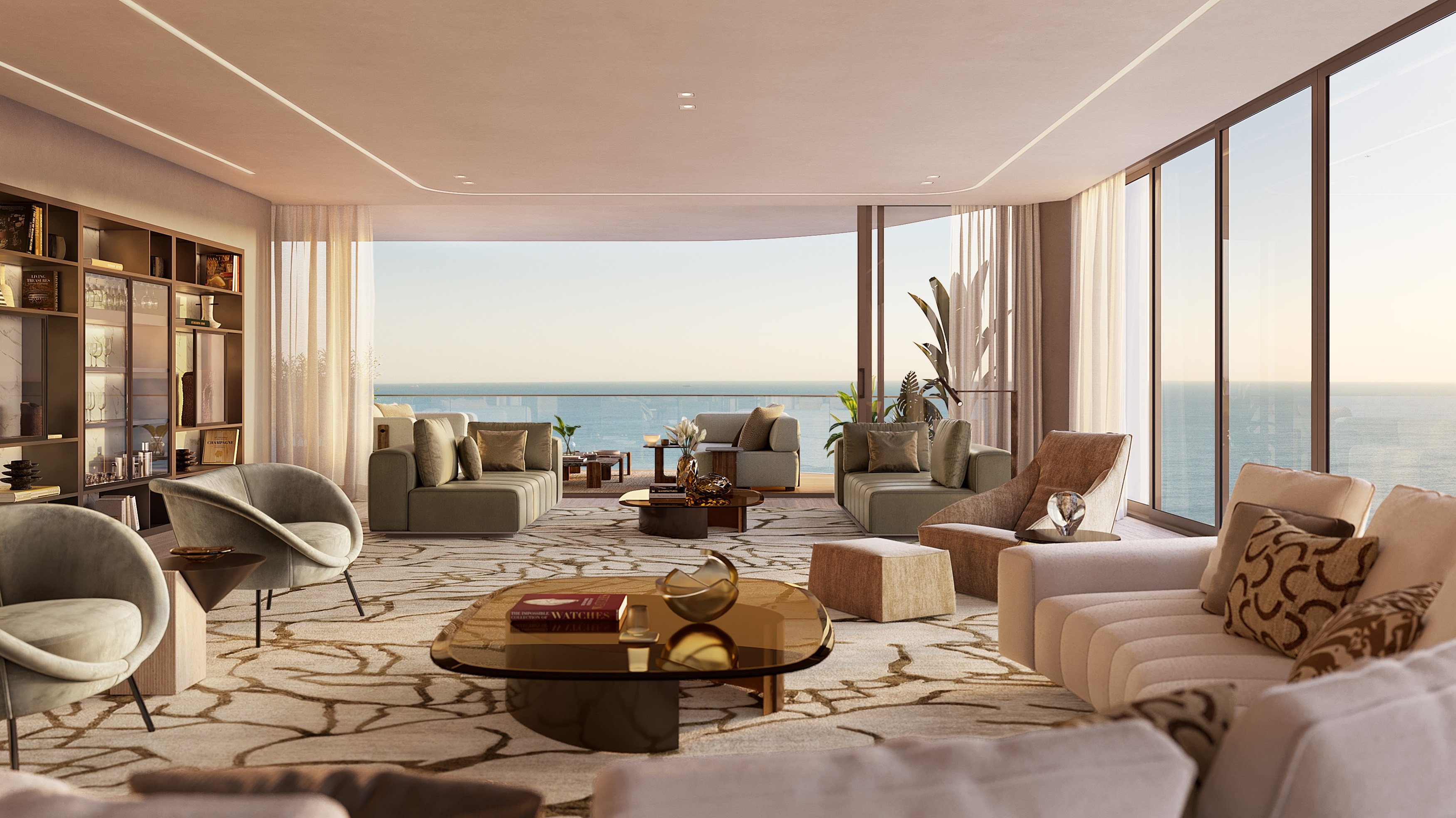 St. Regis Sunny Isles, Sunny Isles Beach modern living room with full ocean view, calming coastal design in luxury and ultra luxury condos; preconstruction.