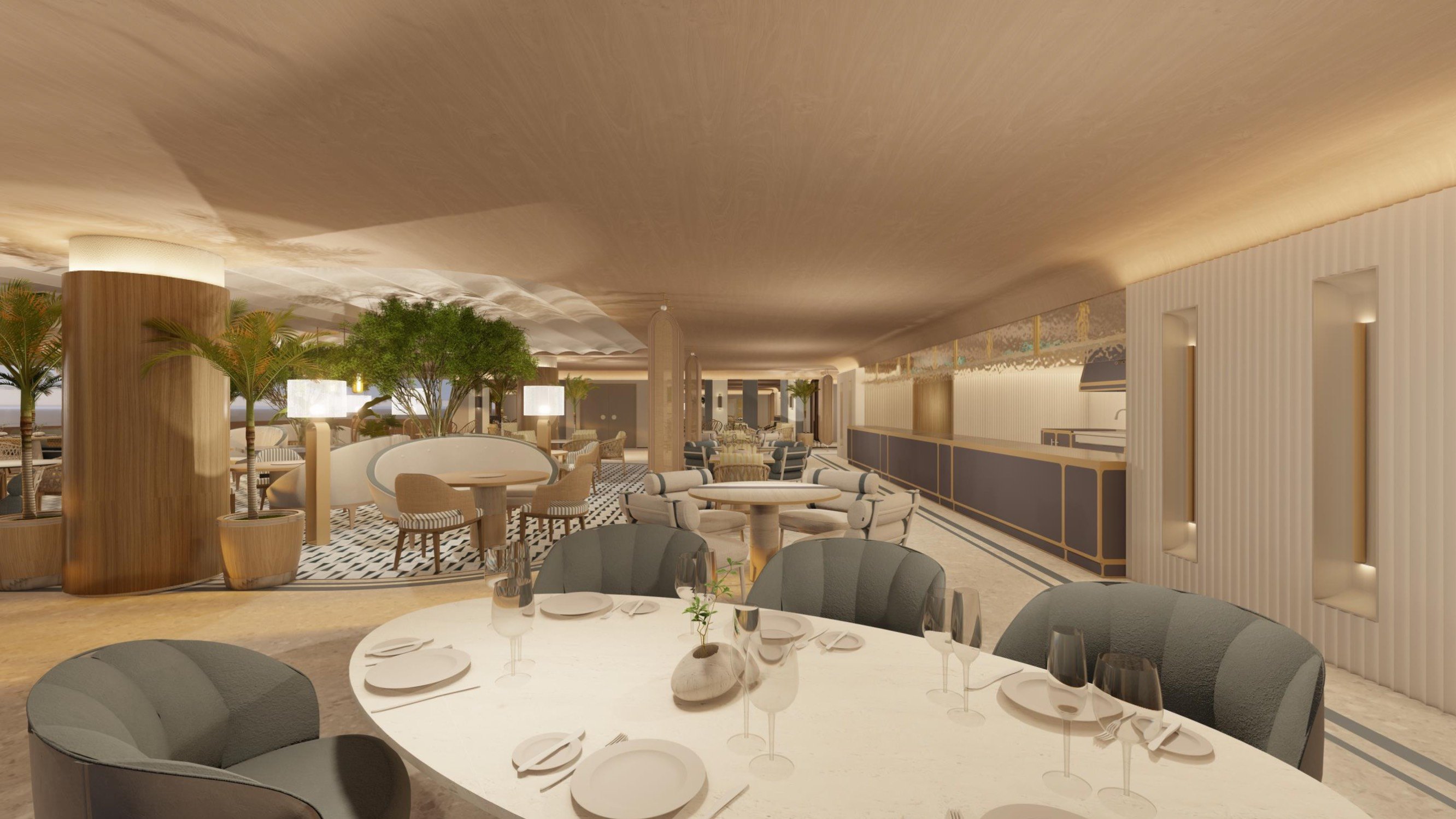 St. Regis Sunny Isles, Sunny Isles Beach contemporary restaurant with open kitchen, hospitality amenity for luxury and ultra luxury condos; preconstruction. Featuring modern interior.