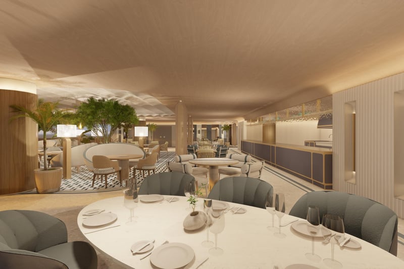 St. Regis Sunny Isles, Sunny Isles Beach contemporary restaurant with open kitchen, hospitality amenity for luxury and ultra luxury condos; preconstruction. Featuring modern interior.