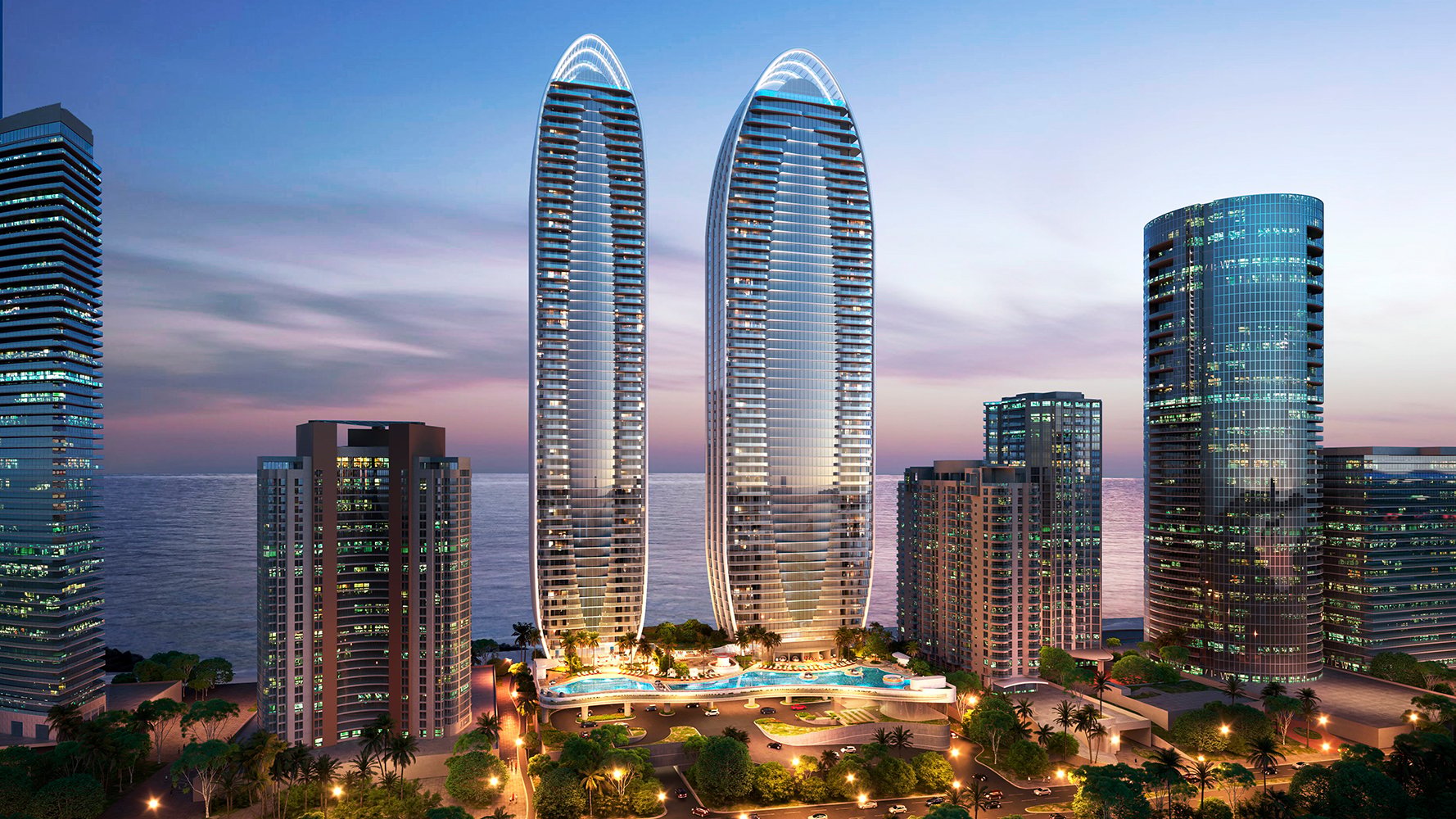 St. Regis Sunny Isles, Sunny Isles Beach towers at sunset over the Atlantic, iconic oceanfront skyline of luxury and ultra luxury condos; preconstruction. Featuring modern, skyscrapers, and cityscape.