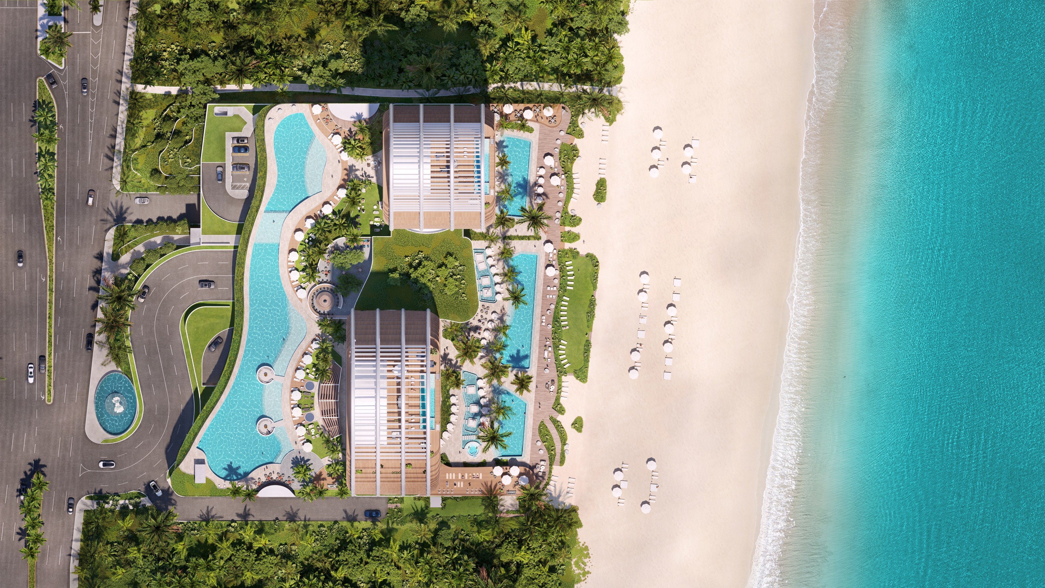 St. Regis Sunny Isles, Sunny Isles Beach resort‑style aerial with pools and beach—oceanfront address of luxury and ultra luxury condos; preconstruction.