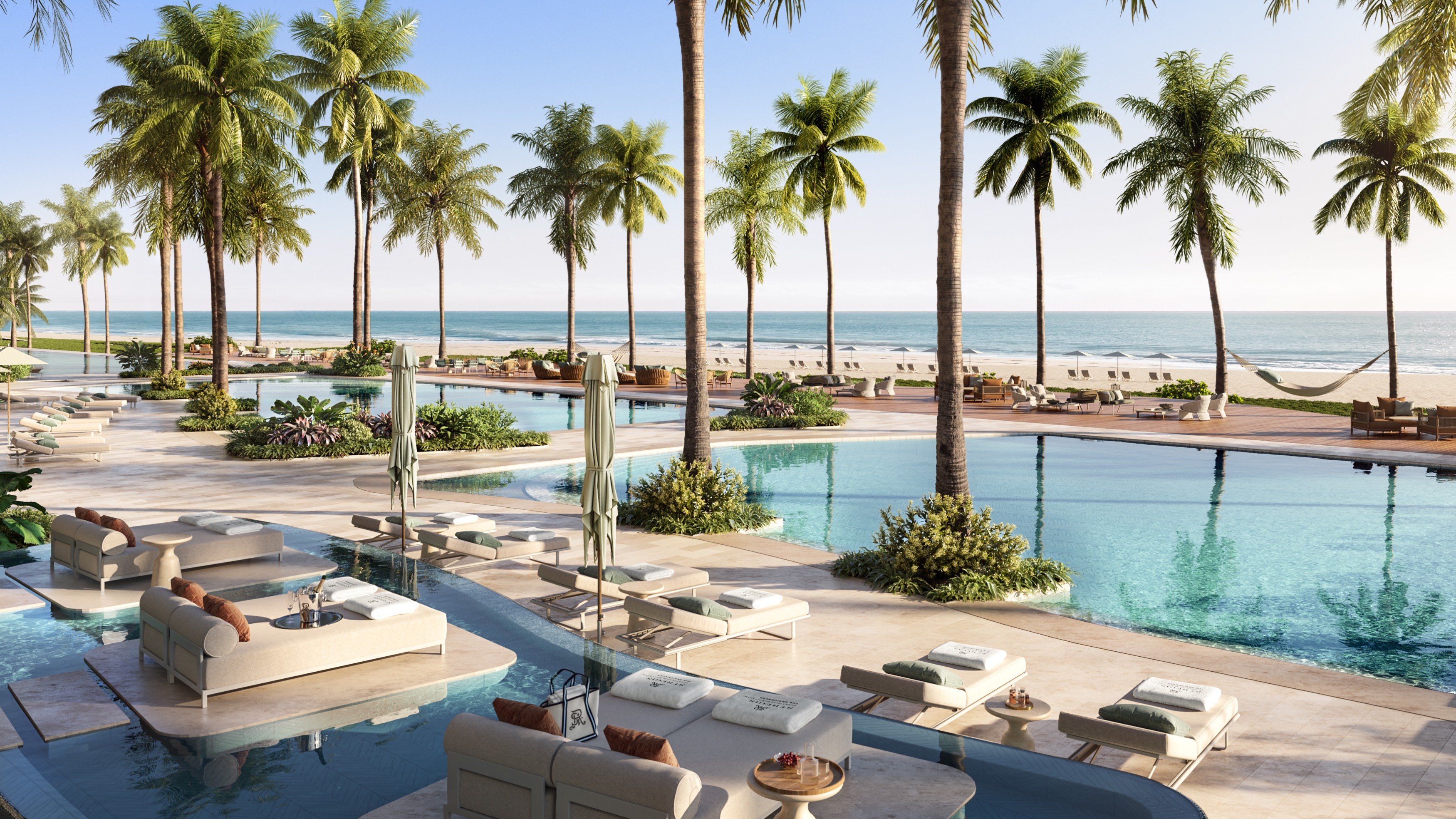 St. Regis Sunny Isles, Sunny Isles Beach tropical resort poolside with palms and cabanas, five‑star amenity for luxury and ultra luxury condos; preconstruction. Featuring paradise.