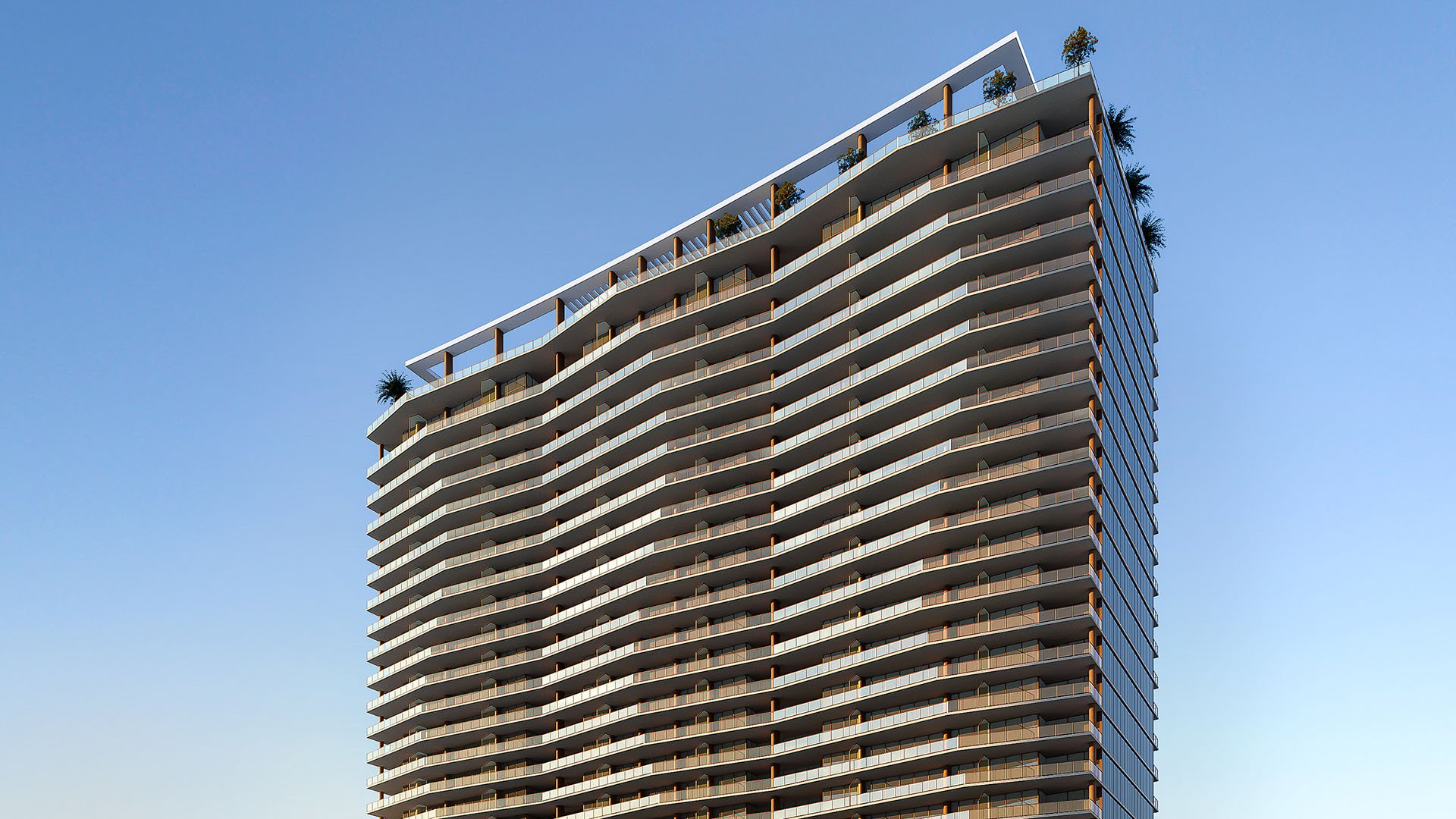Angled exterior view of the tower and its undulating balcony profile at The Berkeley in West Palm Beach, highlighting luxury and ultra luxury condos with sculptural architecture.