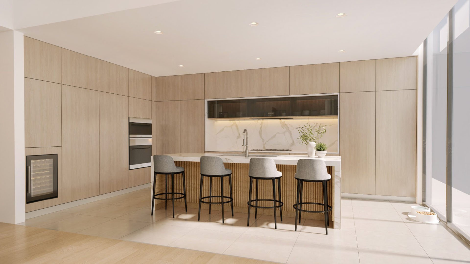 Chef kitchen with warm wood cabinetry, a marble island, and barstools at The Berkeley in West Palm Beach, presenting luxury and ultra luxury condos with refined minimalist interiors.