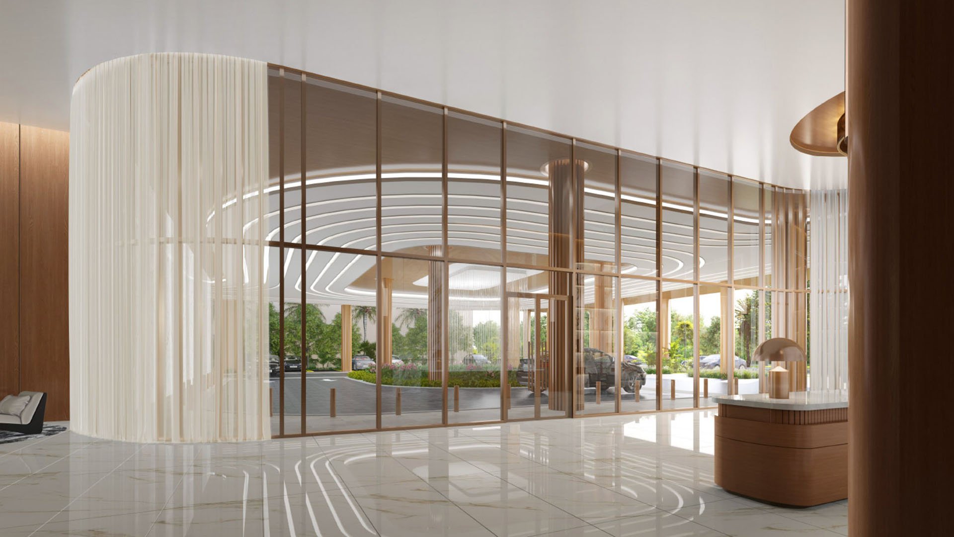 Curved glass lobby entry with polished marble floors and soft warm finishes at The Berkeley in West Palm Beach, reflecting luxury and ultra luxury condos with a grand arrival experience.