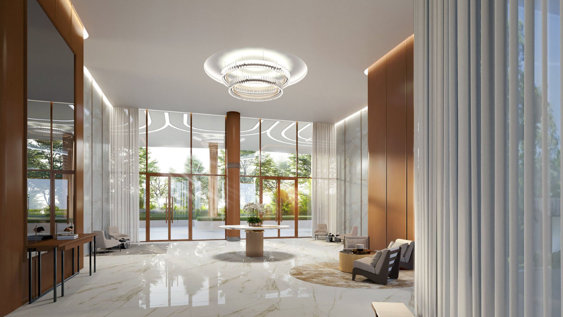 Grand lobby lounge with a sculptural ceiling light, marble floors, and seating areas at The Berkeley in West Palm Beach, highlighting luxury and ultra luxury condos with hotel-style interiors.