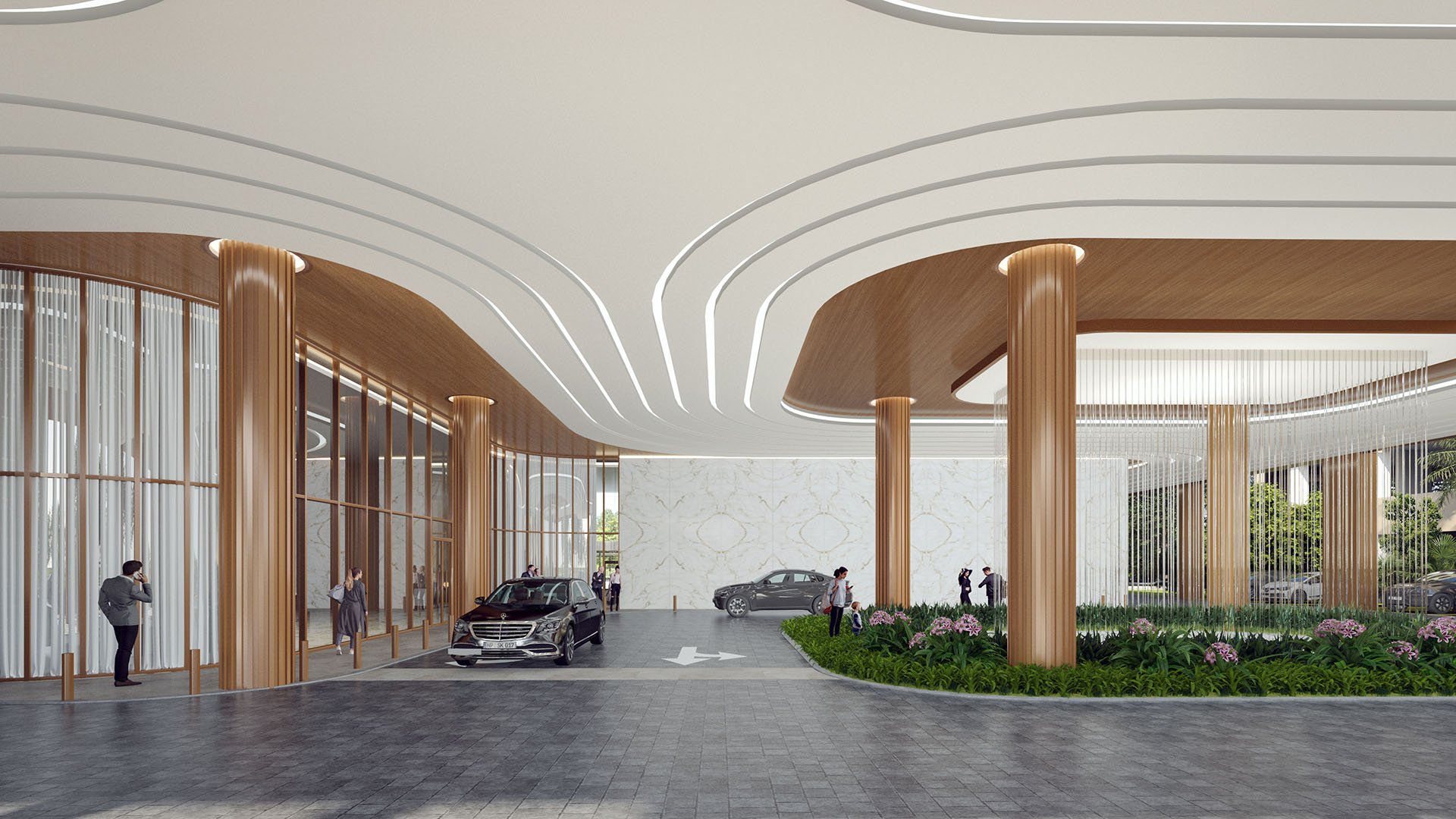 Porte cochere arrival with sweeping ceiling lines, tall columns, and a circular drive at The Berkeley in West Palm Beach, presenting luxury and ultra luxury condos with a dramatic covered entry.