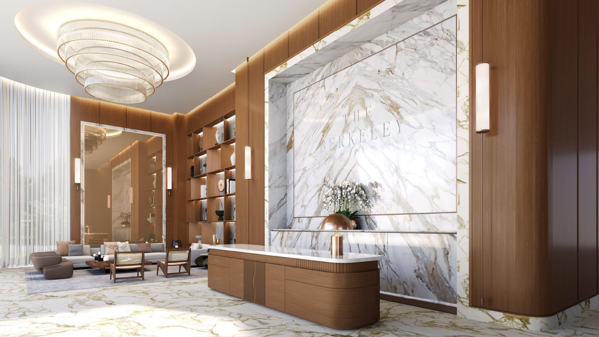 Reception lobby with a marble feature wall, concierge desk, and lounge seating at The Berkeley in West Palm Beach, reflecting luxury and ultra luxury condos with a polished welcome experience.