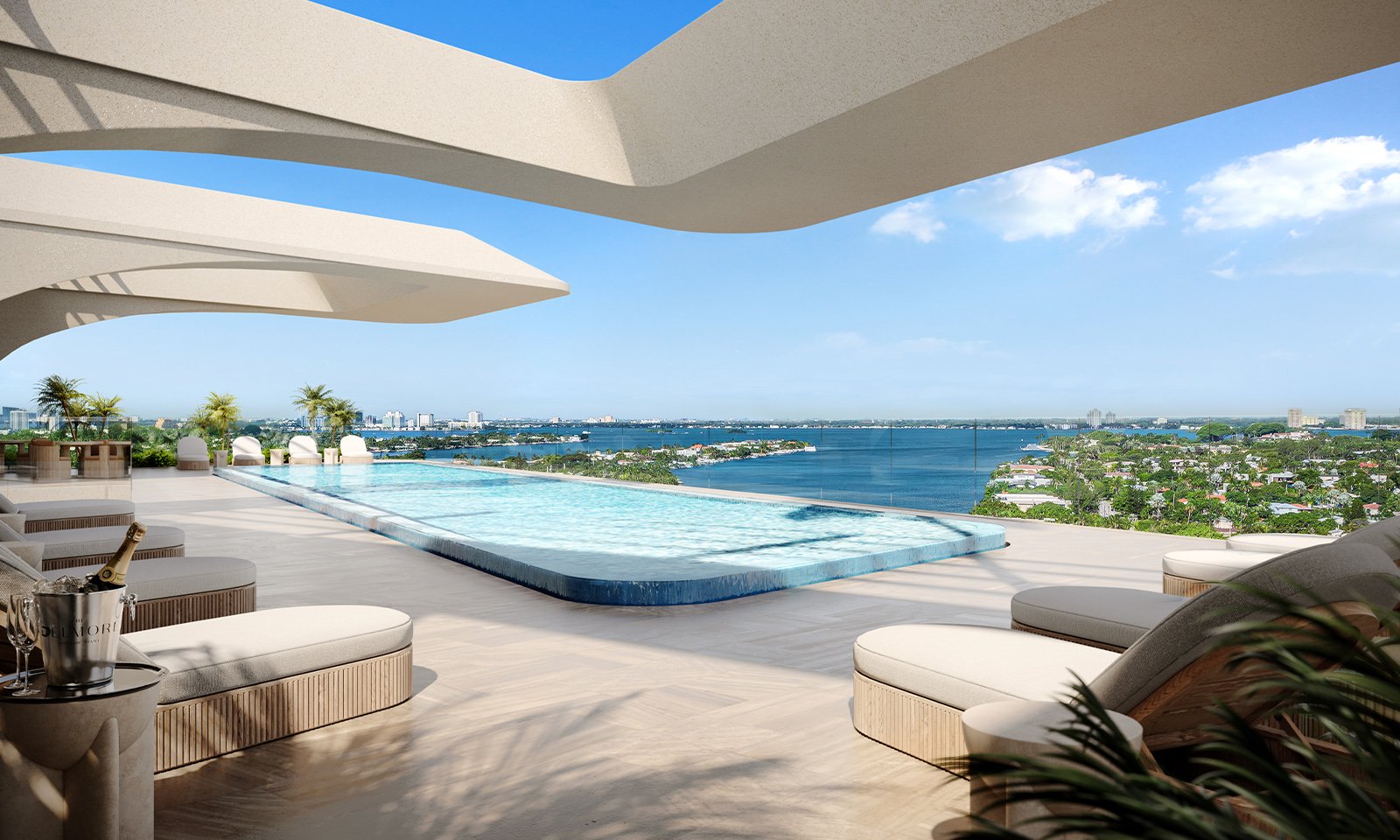 The Delmore, Surfside Miami luxury infinity pool with ocean view, signature amenity for ultra luxury and luxury condos; preconstruction.