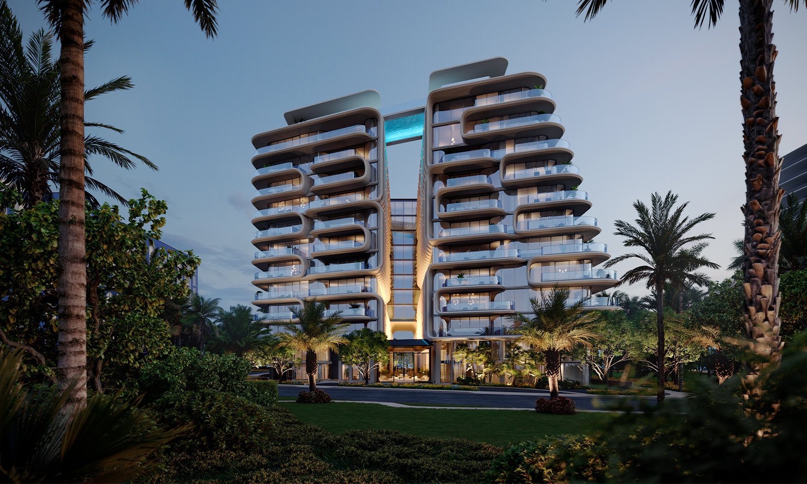 The Delmore, Surfside Miami modern apartment building at evening, boutique tower of luxury and ultra luxury condos; preconstruction. Featuring view.