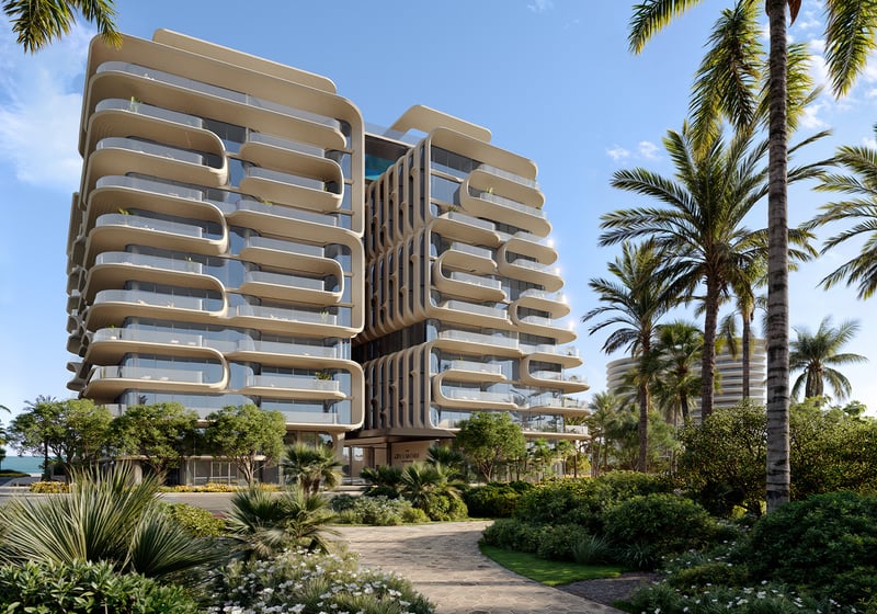The Delmore, Surfside Miami architectural façade framed by palms, iconic design for ultra luxury and luxury condos; preconstruction. Featuring modern, building, and palm trees.