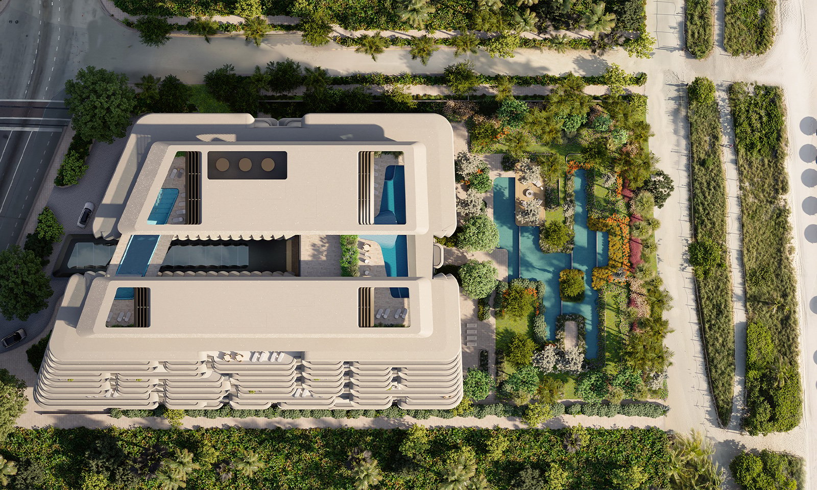 The Delmore, Surfside Miami aerial of modern architecture with garden pool, curated amenities for luxury and ultra luxury condos; preconstruction. Featuring view.