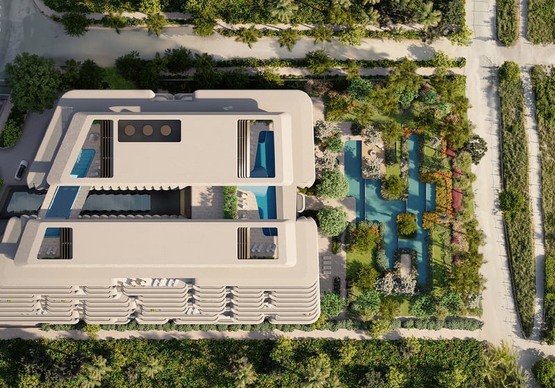 The Delmore, Surfside Miami aerial of modern architecture with garden pool, curated amenities for luxury and ultra luxury condos; preconstruction. Featuring view.