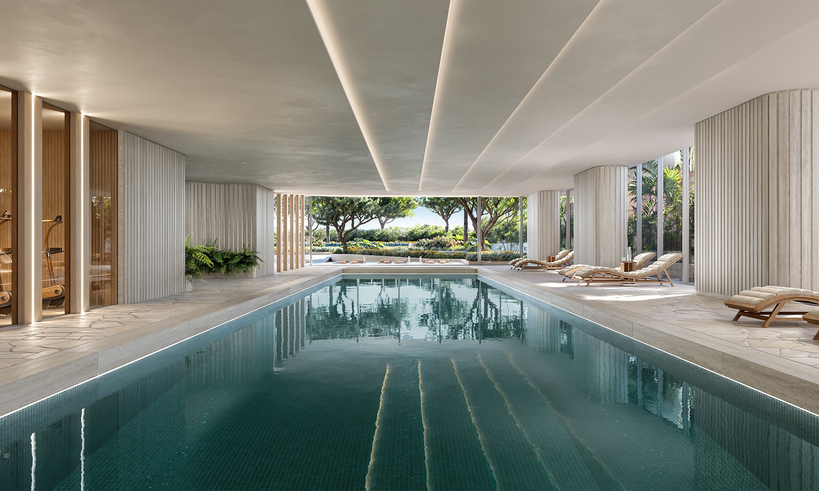 The Delmore, Surfside Miami modern indoor pool area, wellness amenity for ultra luxury and luxury condos; preconstruction.