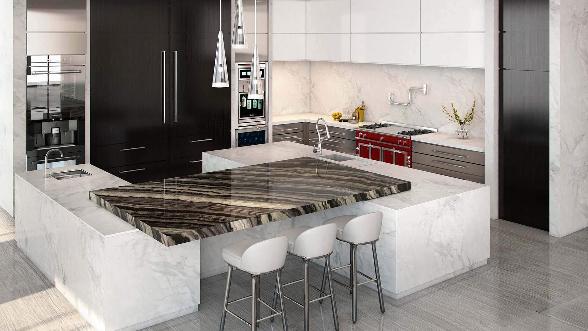 Dramatic chef kitchen with a striped marble island, dark cabinetry, and bar seating at The Estates at Acqualina, Sunny Isles Beach, a community of luxury and ultra luxury condos.