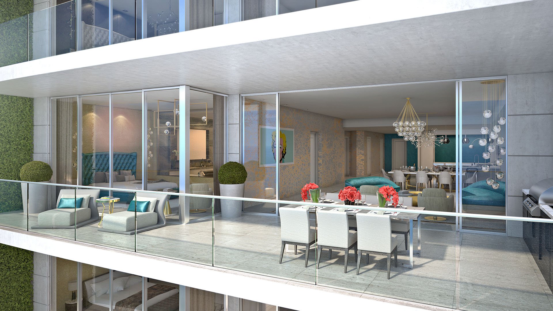 Glass terrace dining and lounge spaces wrapped into the condo facade at The Estates at Acqualina, Sunny Isles Beach, a community of luxury and ultra luxury condos.
