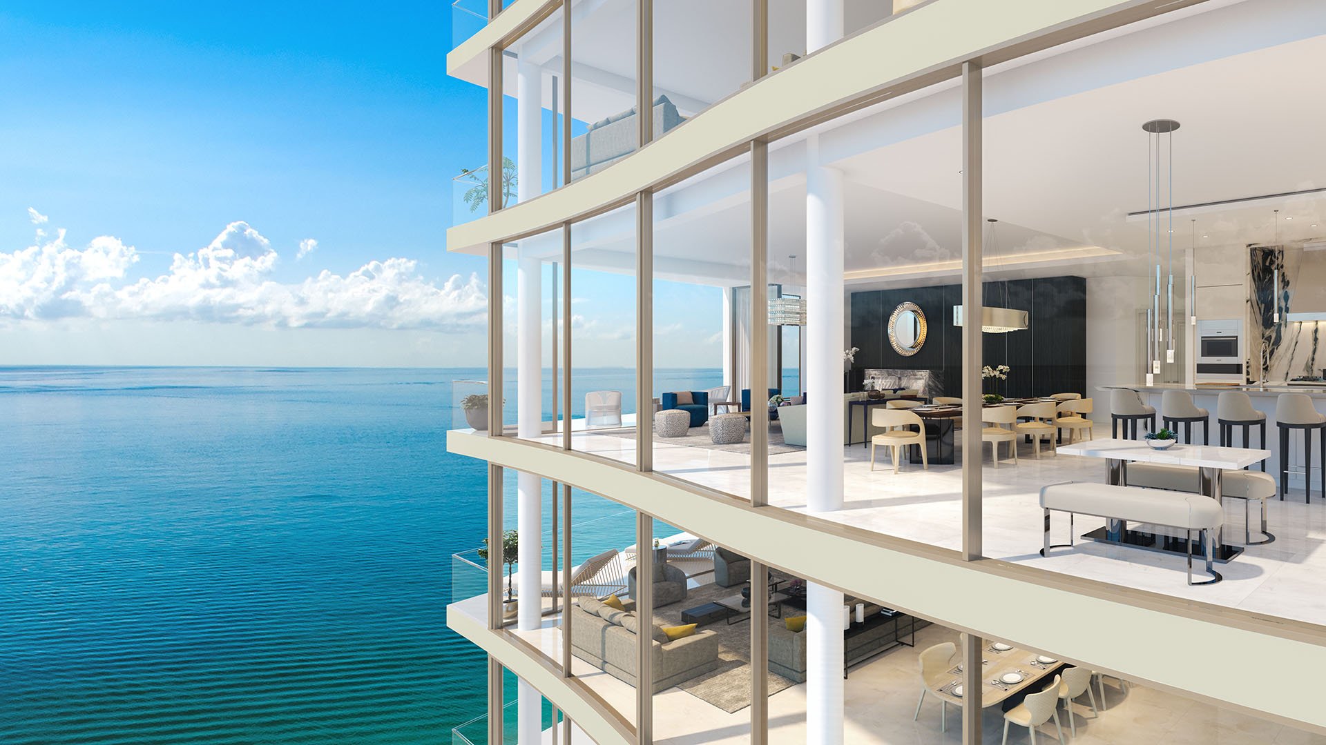 Oceanfront glass facade with corner balconies and exposed living spaces at The Estates at Acqualina, Sunny Isles Beach, a community of luxury and ultra luxury condos.