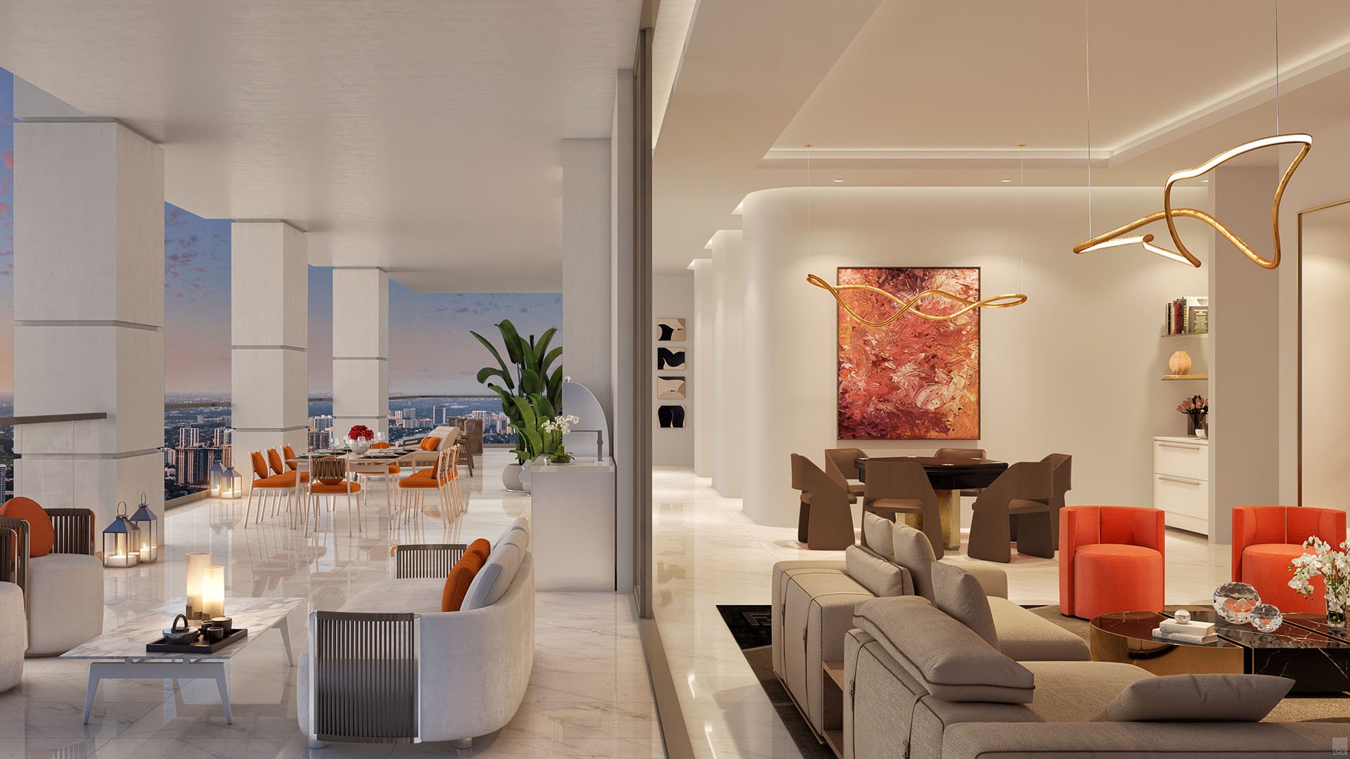 Sunset terrace lounge with outdoor dining and skyline views at The Estates at Acqualina, Sunny Isles Beach, a community of luxury and ultra luxury condos.