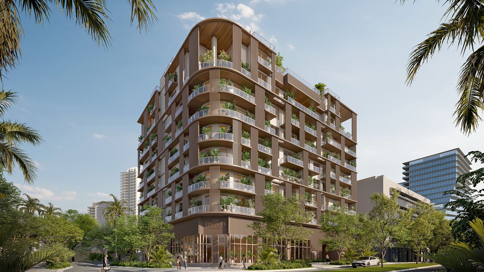 The Lincoln in Coconut Grove, Miami, Florida exterior corner rendering with curved balconies, wood-slat facade and lush streetscape, showcasing luxury and ultra luxury preconstruction condos with boutique architecture, glass railings and tropical landscaping.