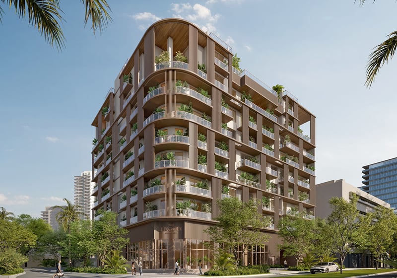 The Lincoln in Coconut Grove, Miami, Florida exterior corner rendering with curved balconies, wood-slat facade and lush streetscape, showcasing luxury and ultra luxury preconstruction condos with boutique architecture, glass railings and tropical landscaping.