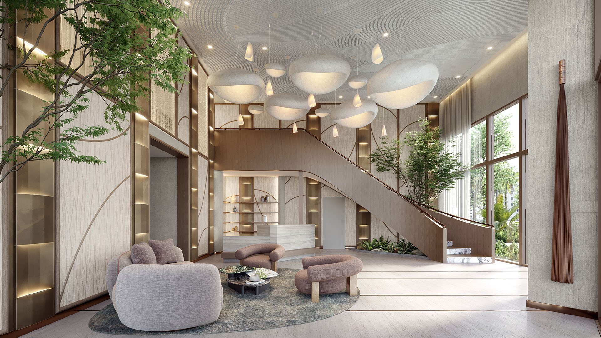 Double-height lobby at The Lincoln Coconut Grove, Miami, Florida with grand staircase, sculptural pendant lights and resident lounge seating, defining luxury and ultra luxury preconstruction condos arrival experience with concierge-style desk, warm wood finishes and greenery.