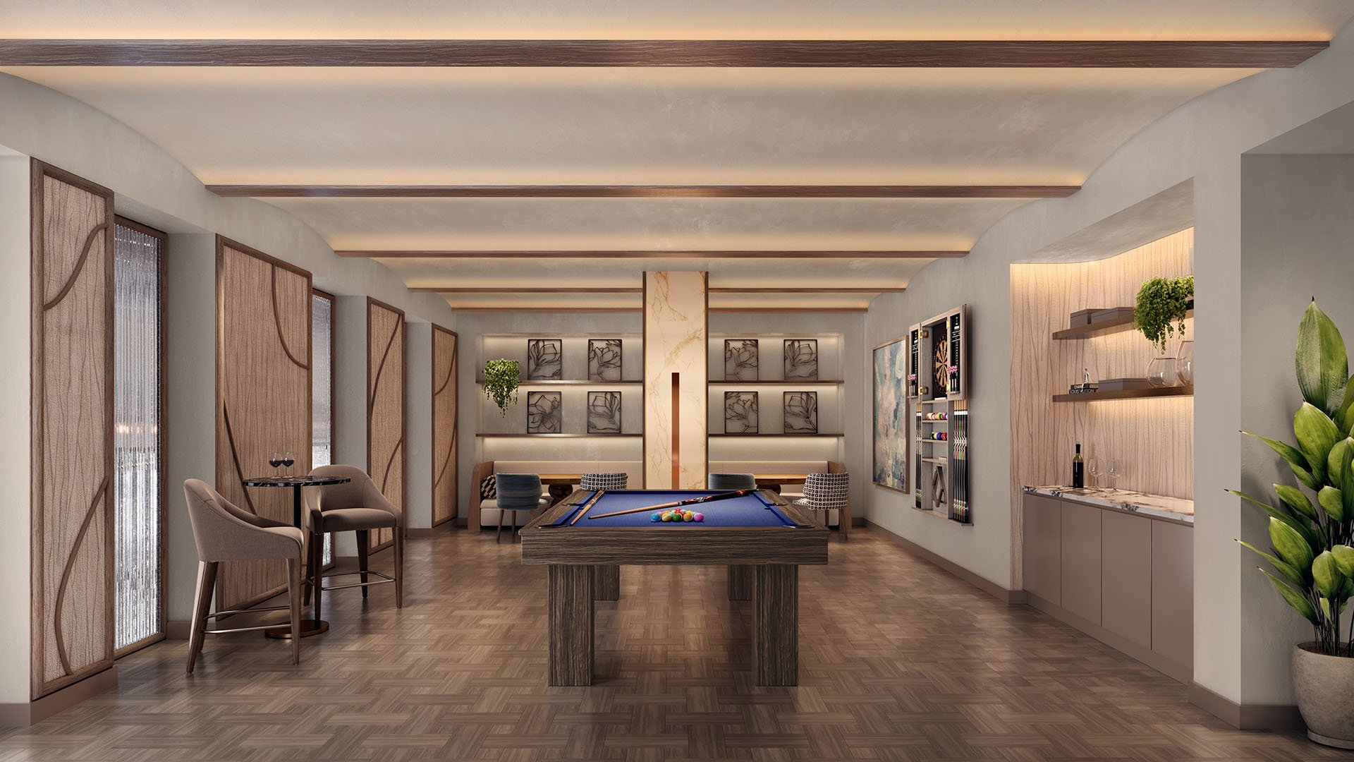 Mezzanine game room at The Lincoln Coconut Grove, Miami, Florida with billiards table, dartboards and bar lounge, featuring luxury and ultra luxury preconstruction condos amenities for entertaining with curated lighting, seating nooks and modern millwork.