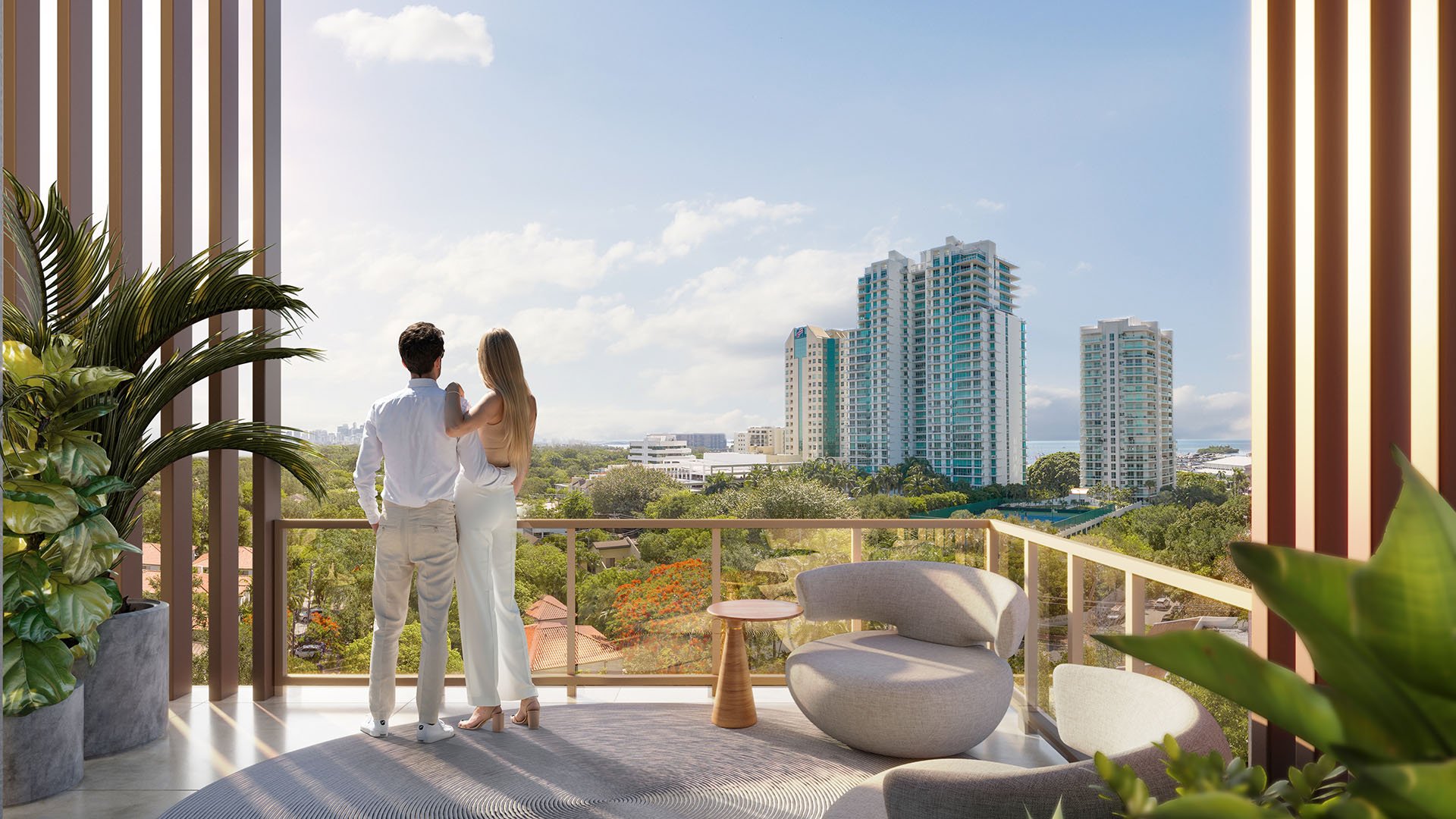 Private residence balcony at The Lincoln Coconut Grove, Miami, Florida with outdoor lounge seating and skyline views, highlighting luxury and ultra luxury preconstruction condos lifestyle with glass railing, shaded terrace screens and indoor-outdoor living overlooking the Grove.