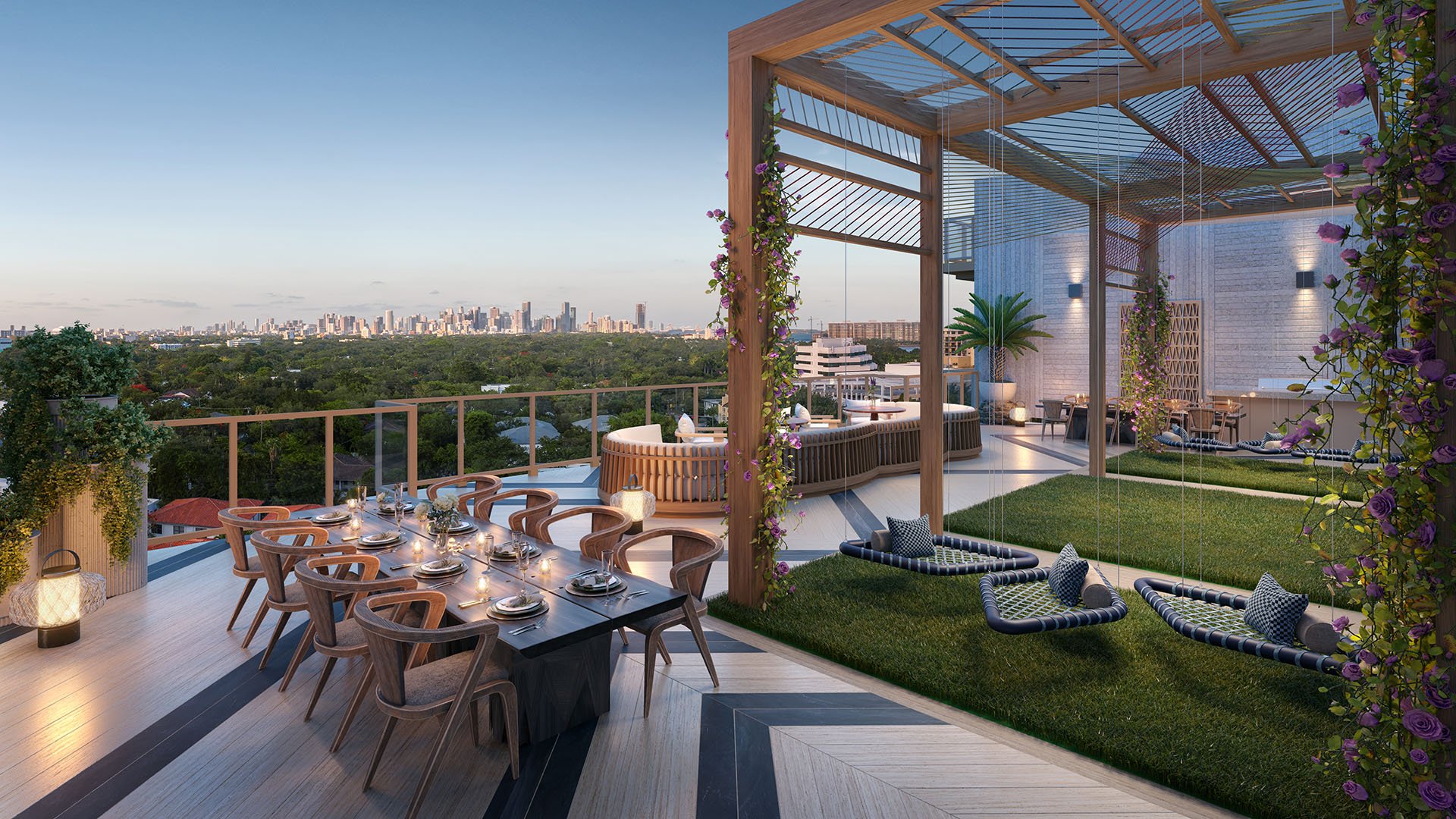 Rooftop lounge at The Lincoln Coconut Grove, Miami, Florida with outdoor dining, pergola and hanging chairs at dusk, showcasing luxury and ultra luxury preconstruction condos amenities with skyline views, landscaped terrace, ambient lighting and social seating areas.
